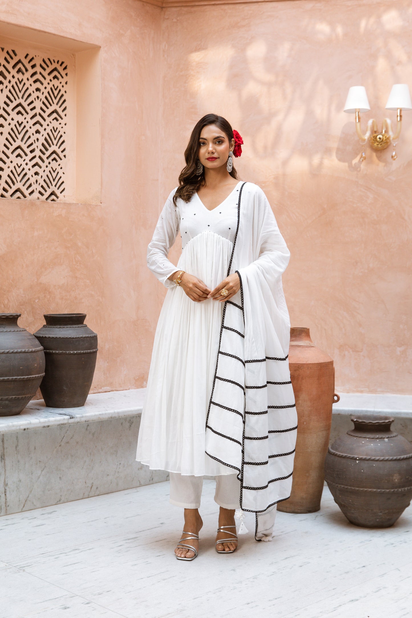 V Neck Anarkali White