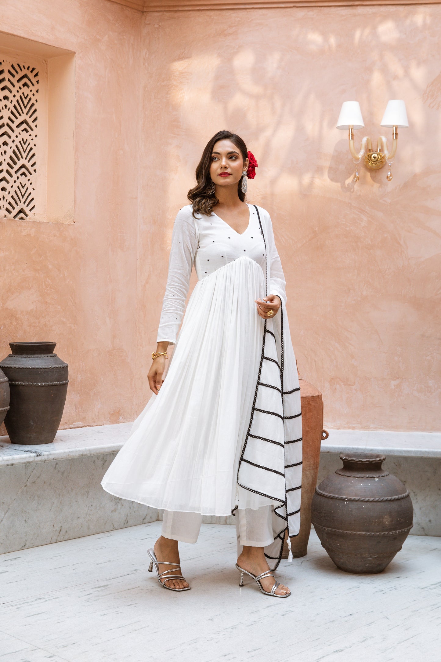 V Neck Anarkali White