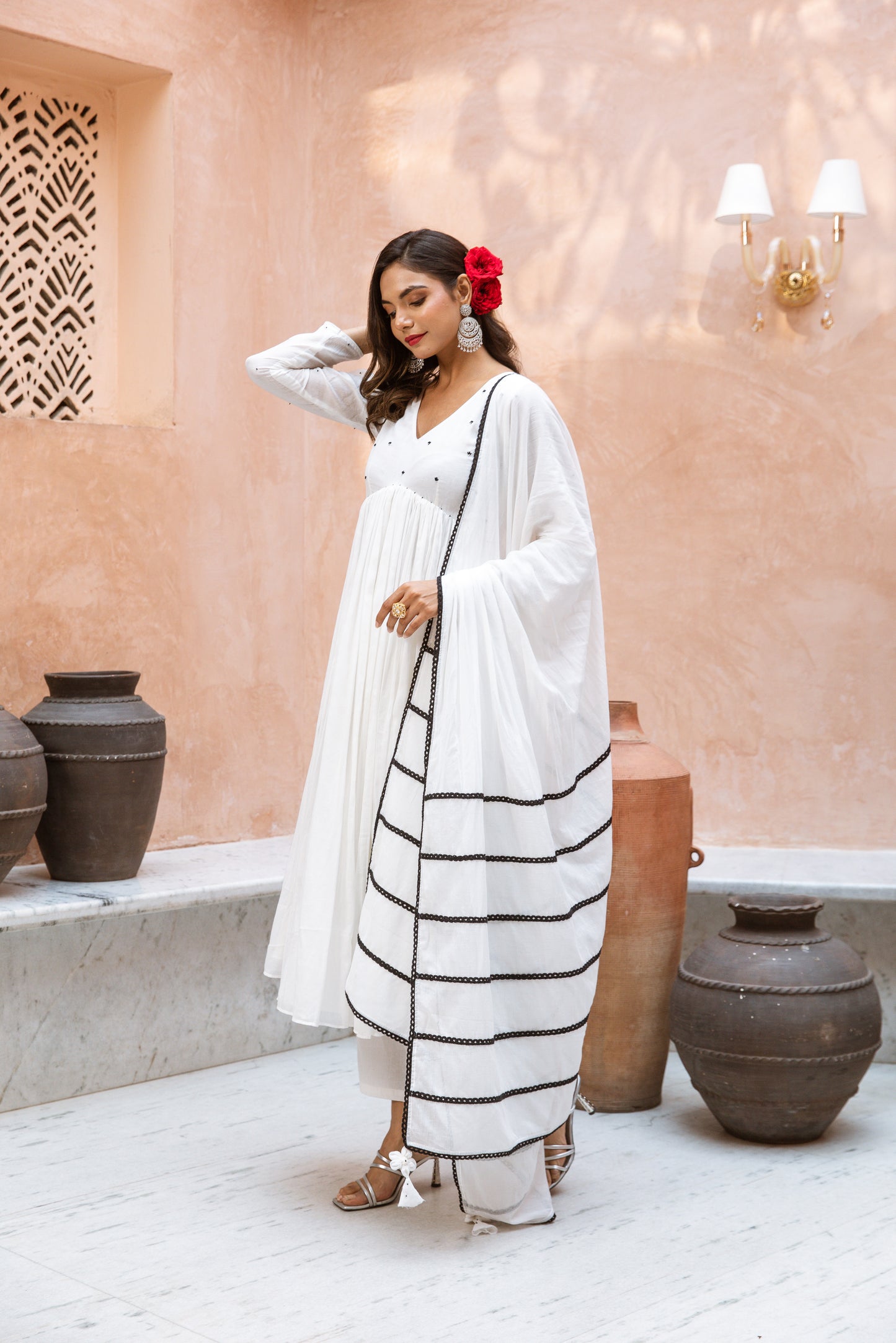 V Neck Anarkali White