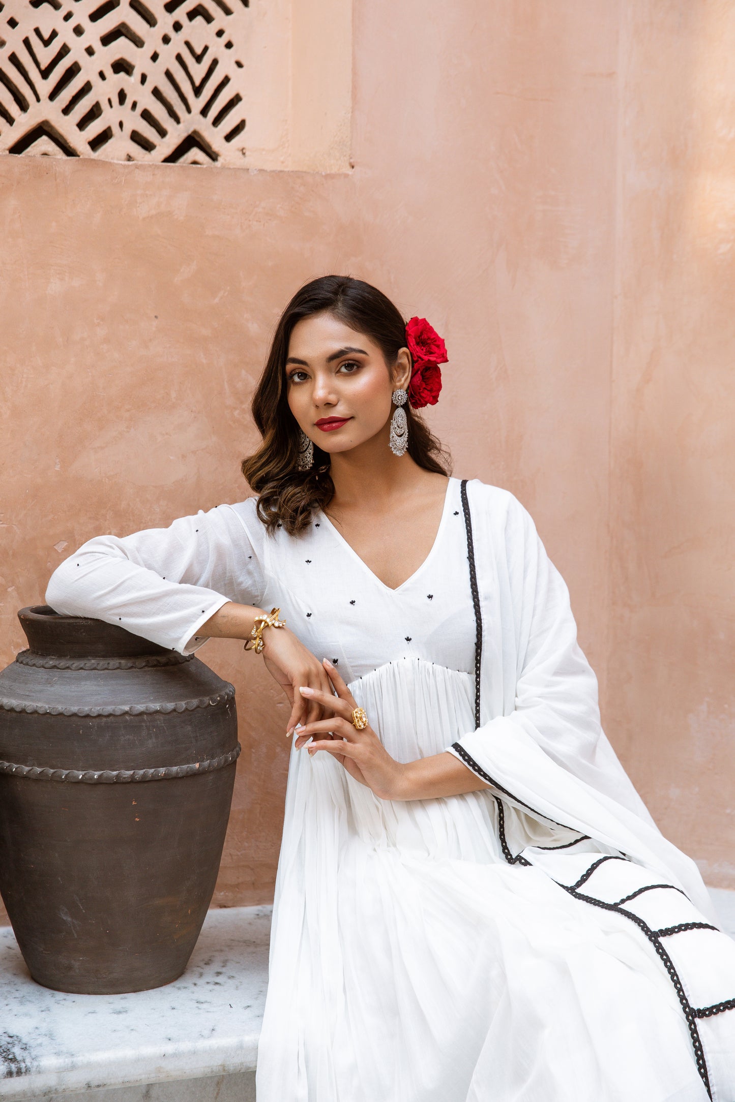 V Neck Anarkali White