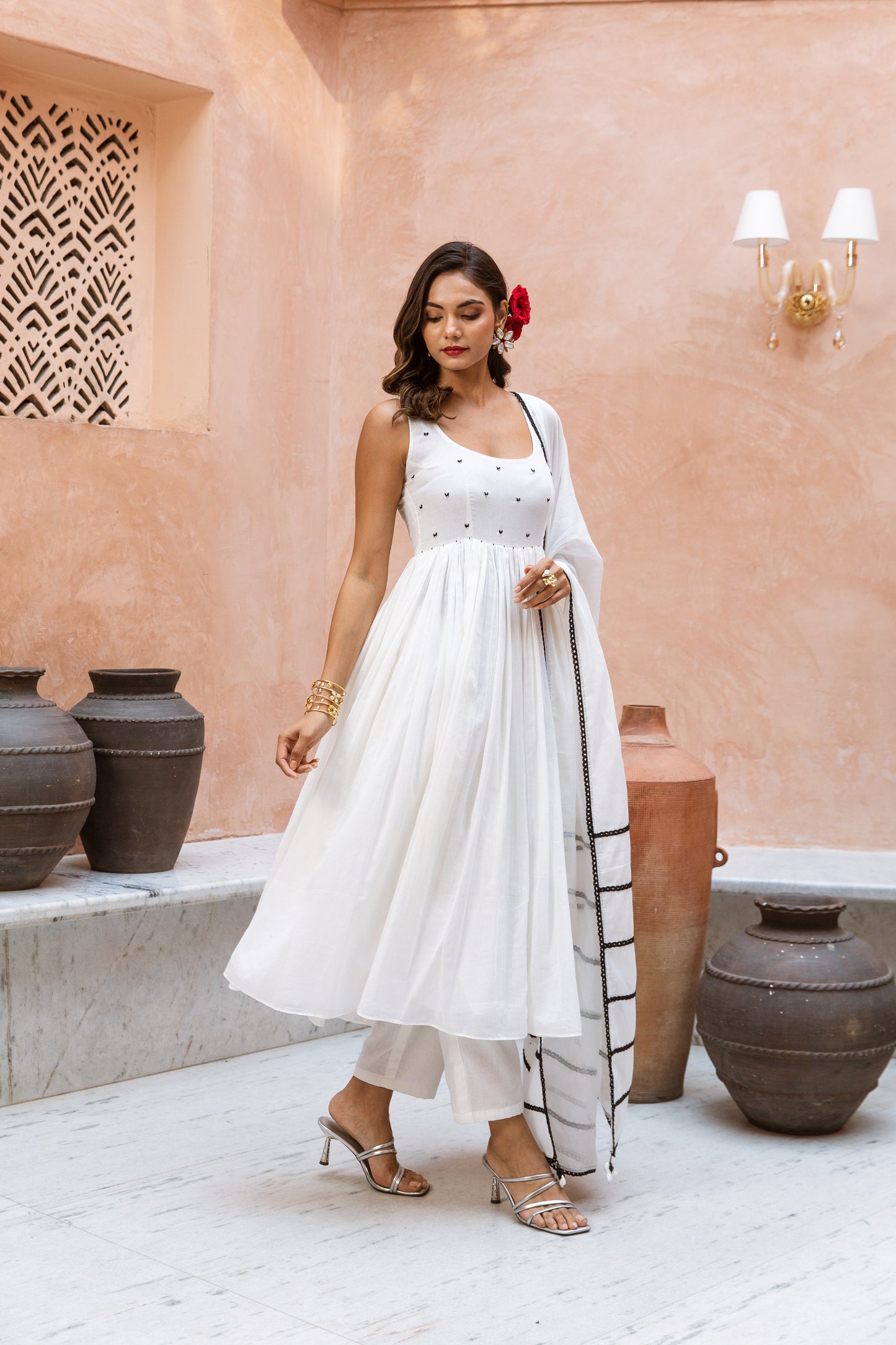 Scoop Neck Anarkali White