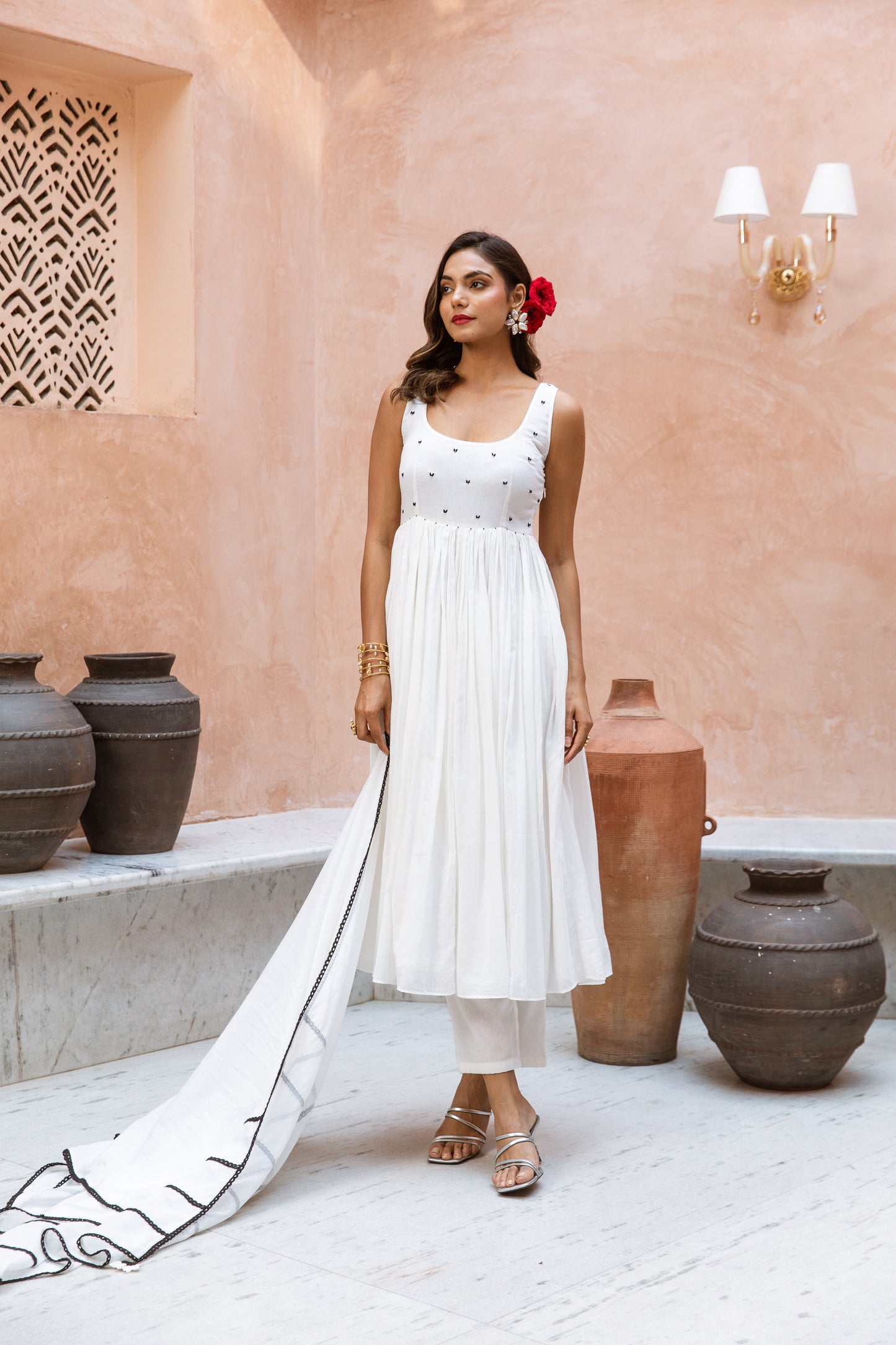 Scoop Neck Anarkali White