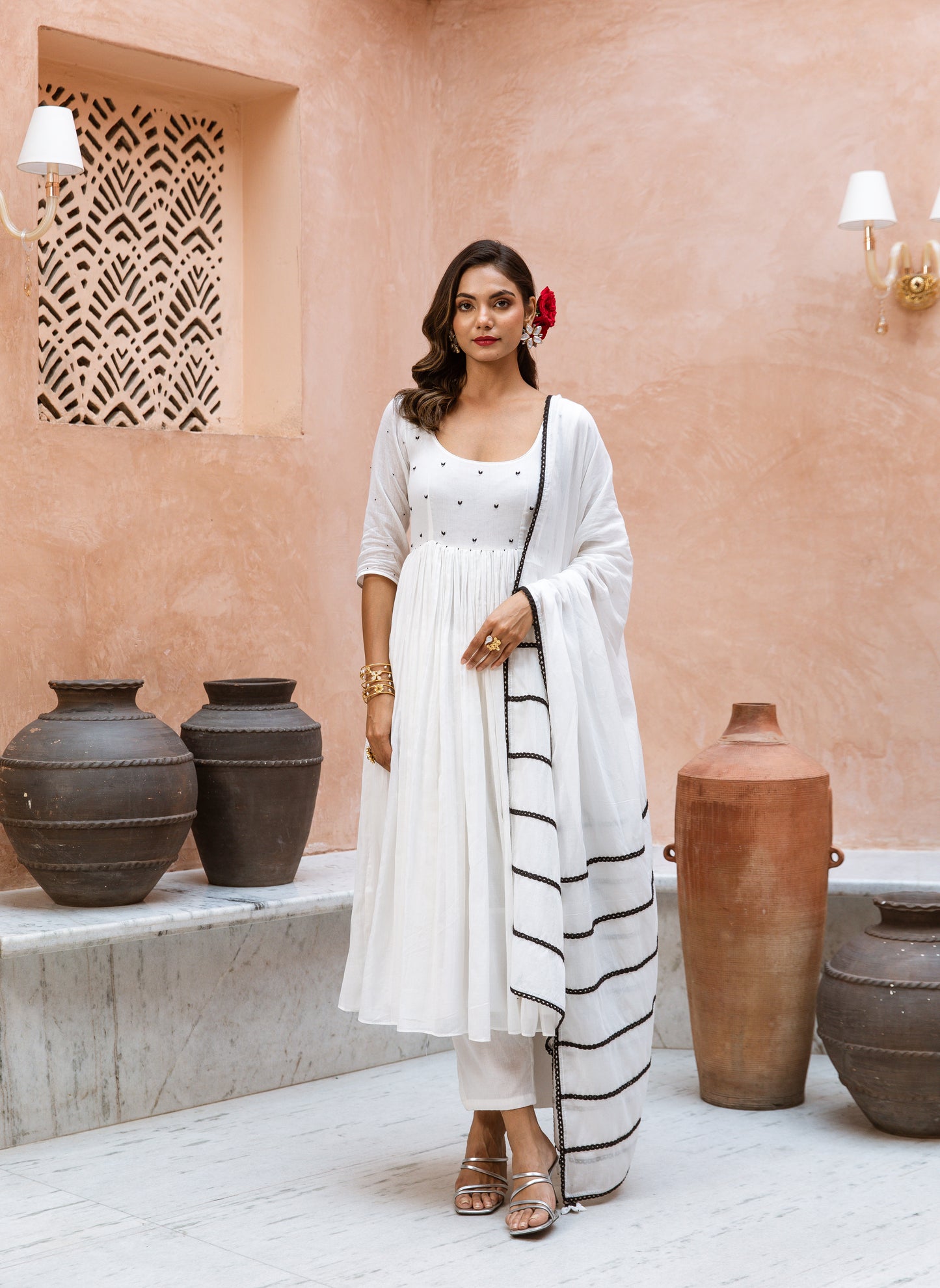 Scoop Neck Anarkali Sleeved White