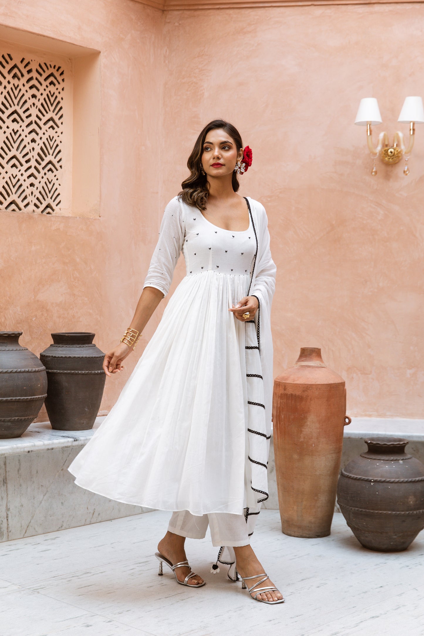 Scoop Neck Anarkali Sleeved White