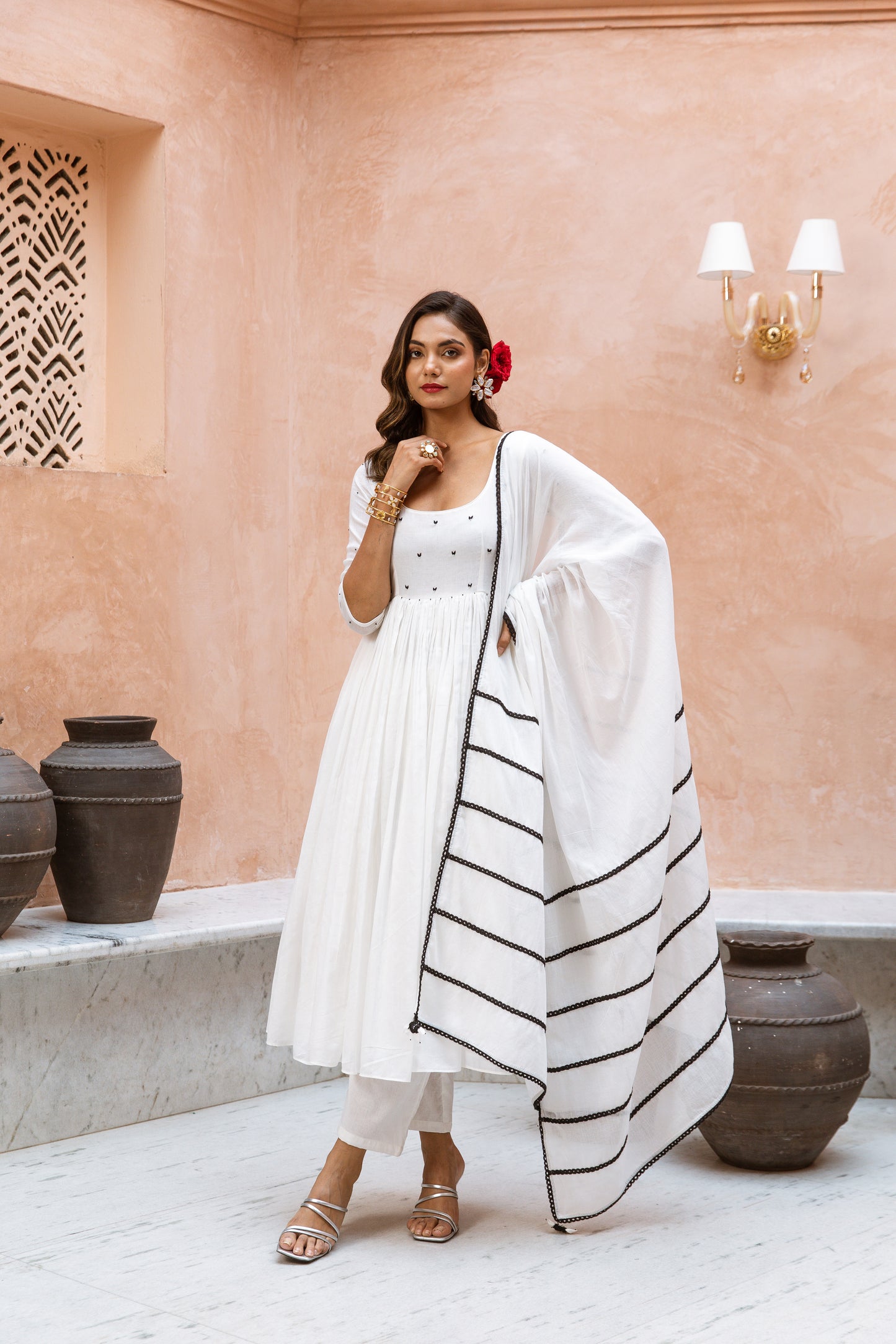 Scoop Neck Anarkali Sleeved White