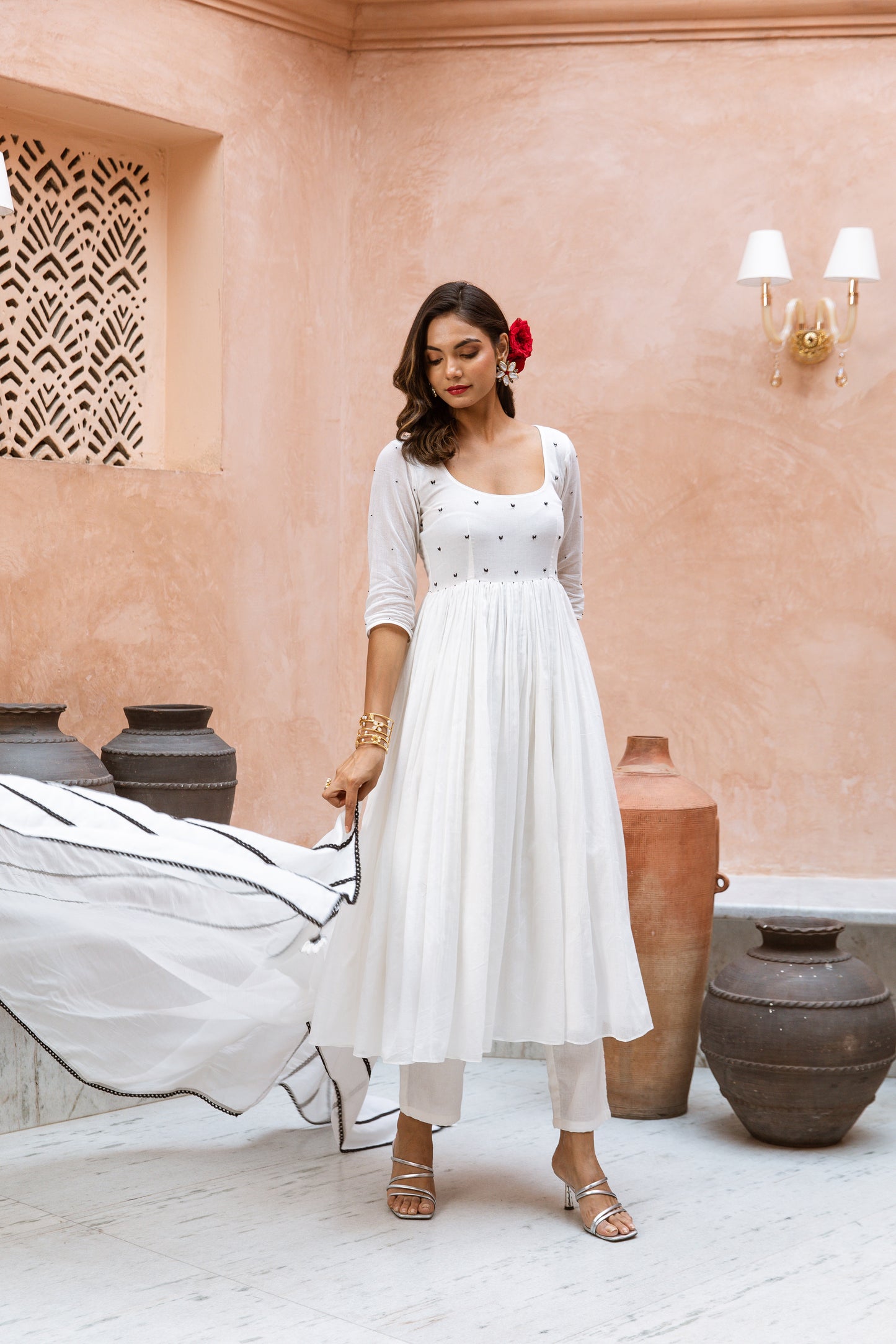 Scoop Neck Anarkali Sleeved White