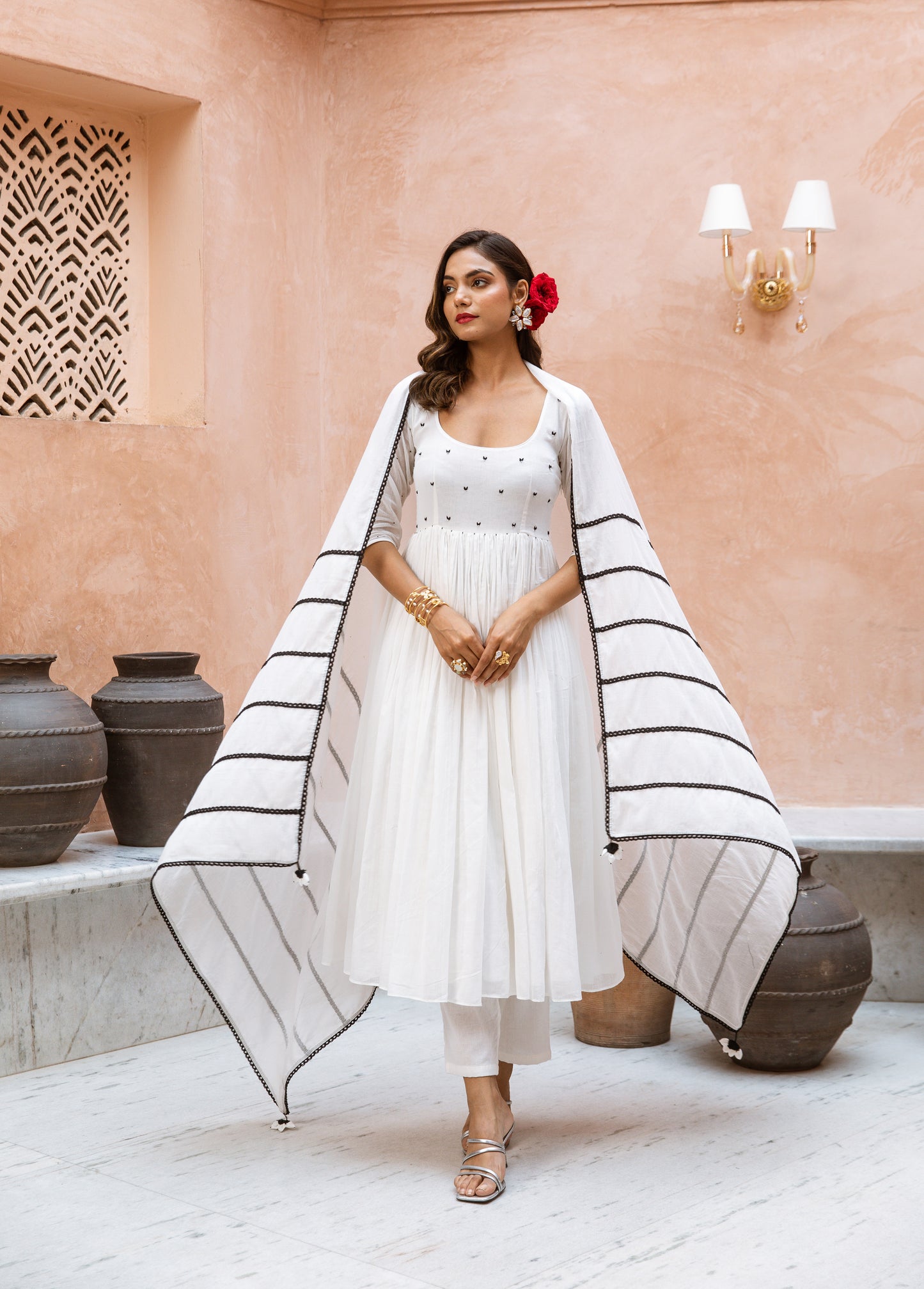 Scoop Neck Anarkali Sleeved White