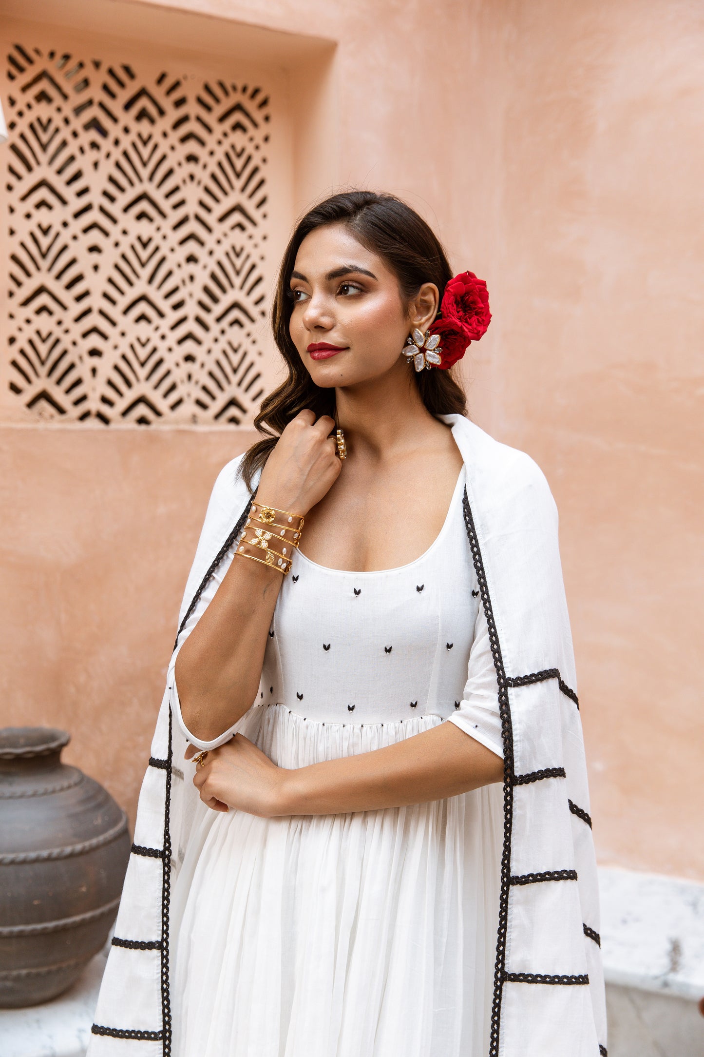 Scoop Neck Anarkali Sleeved White