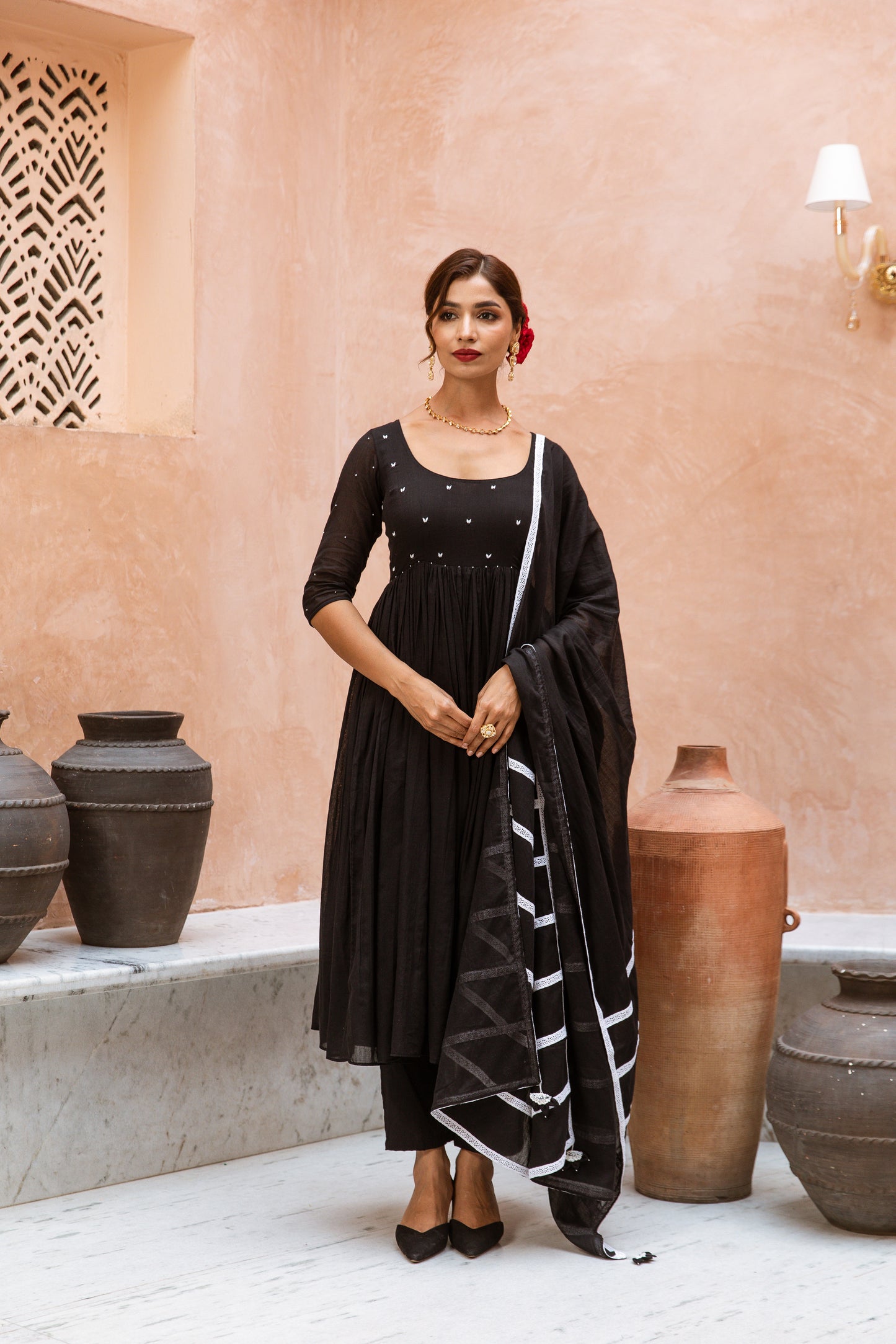 Scoop Neck Anarkali Sleeved Black
