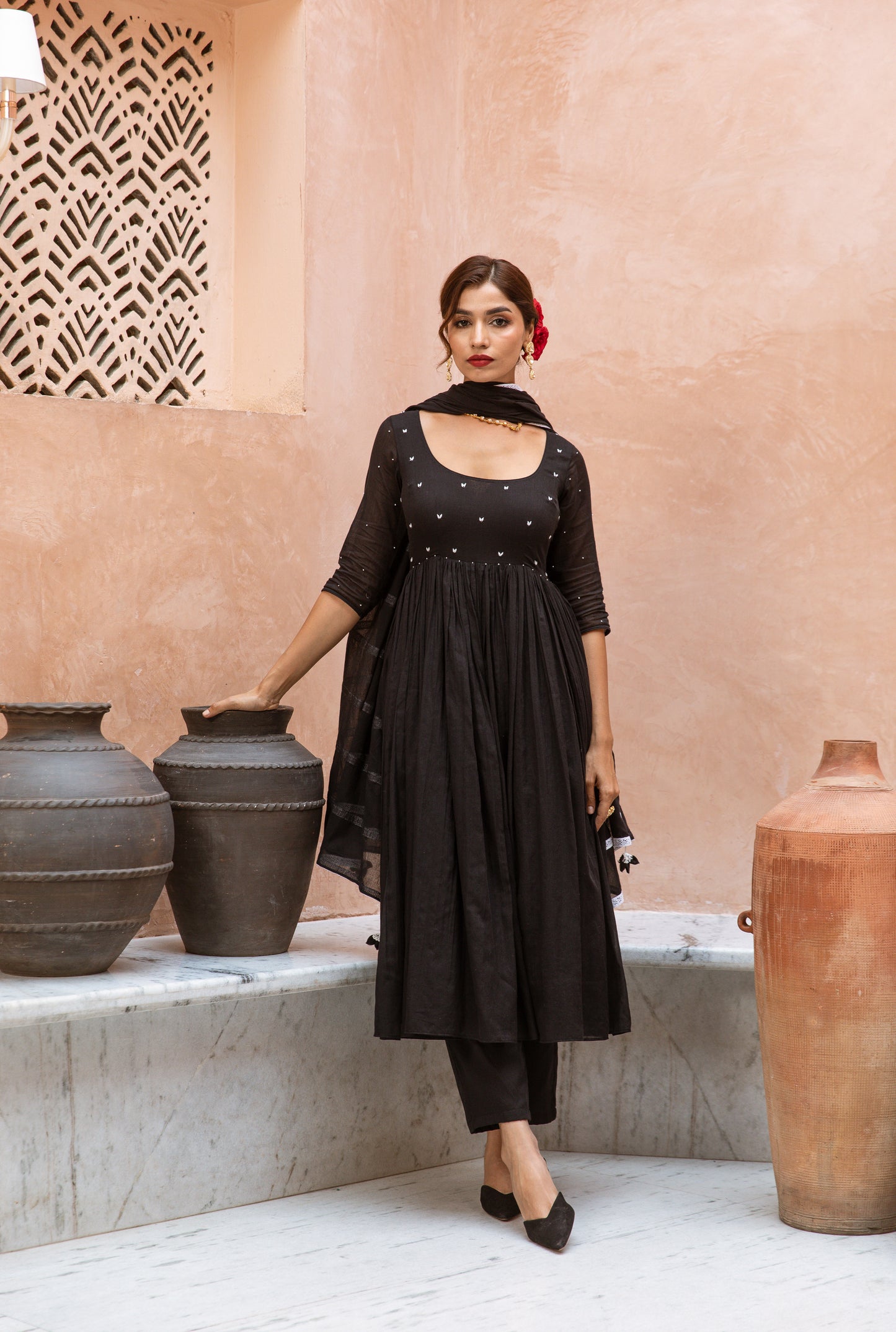 Scoop Neck Anarkali Sleeved Black