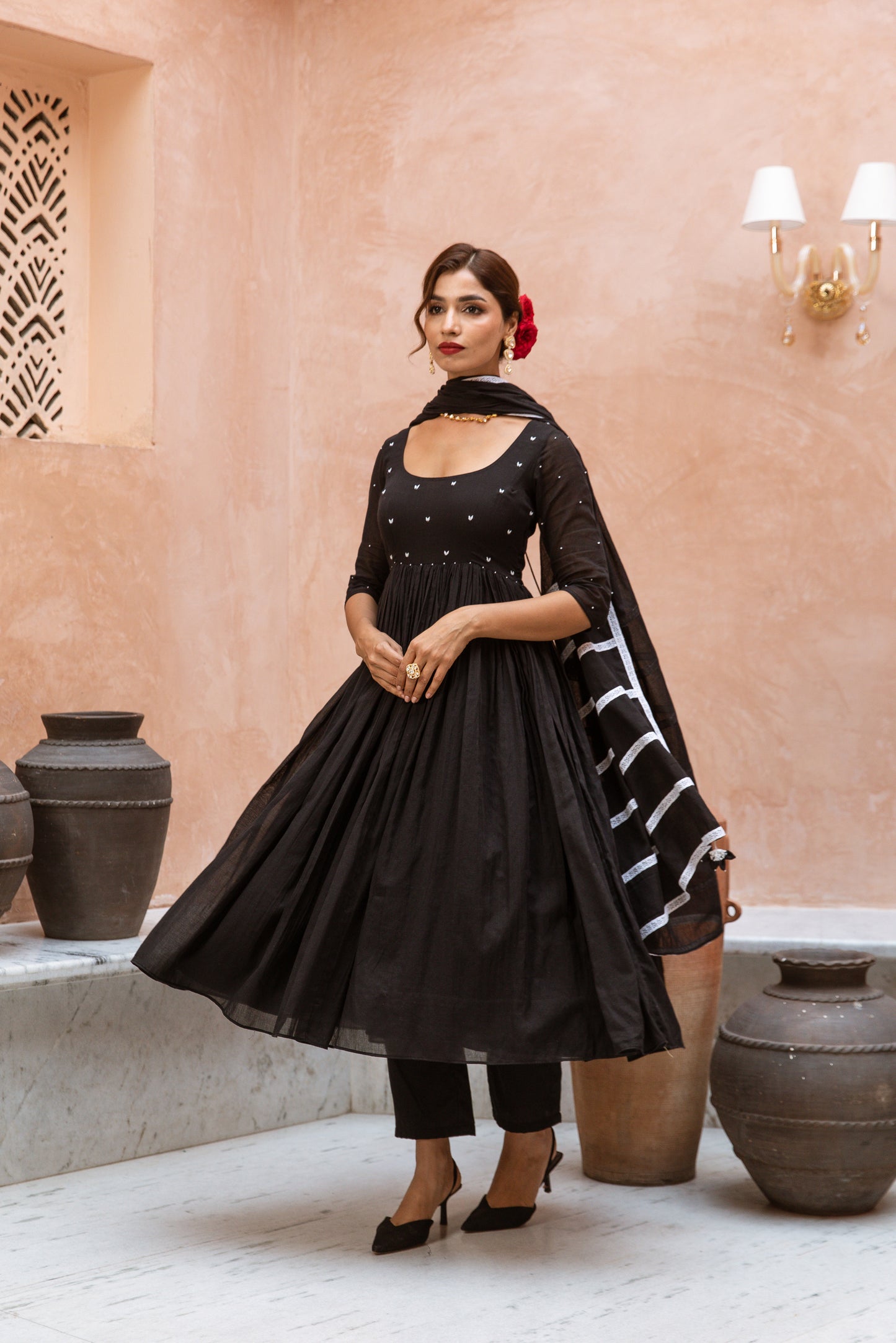 Scoop Neck Anarkali Sleeved Black
