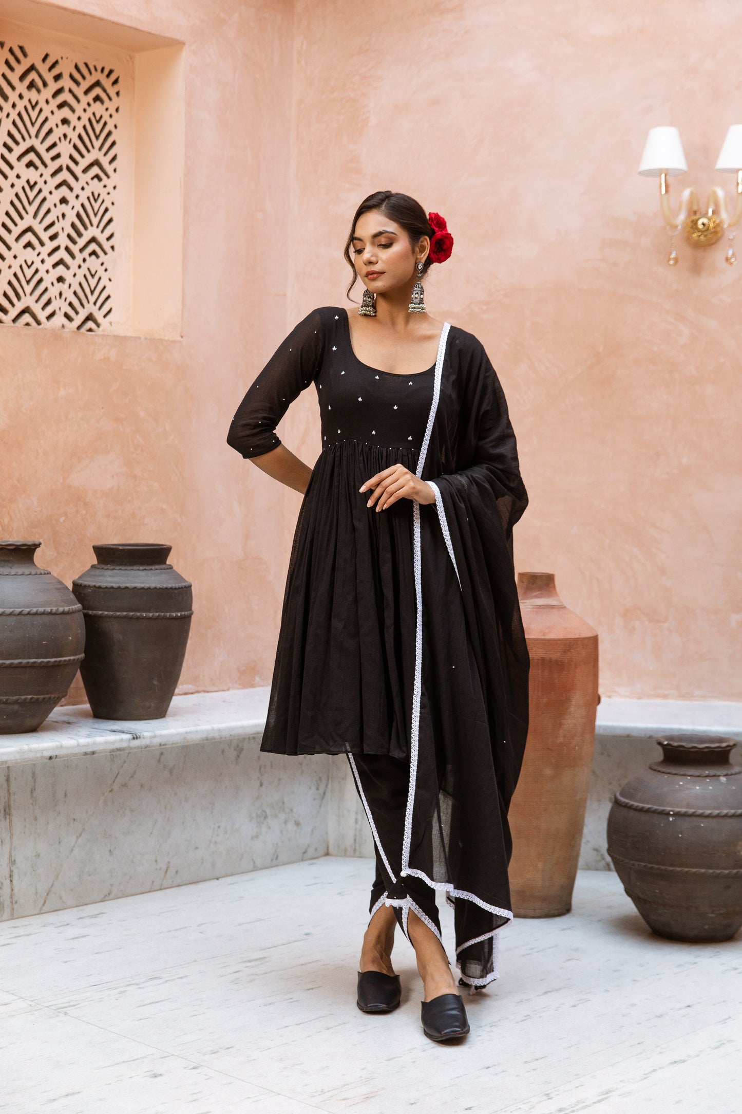 Scoop Neck Dhoti Sleeved Black