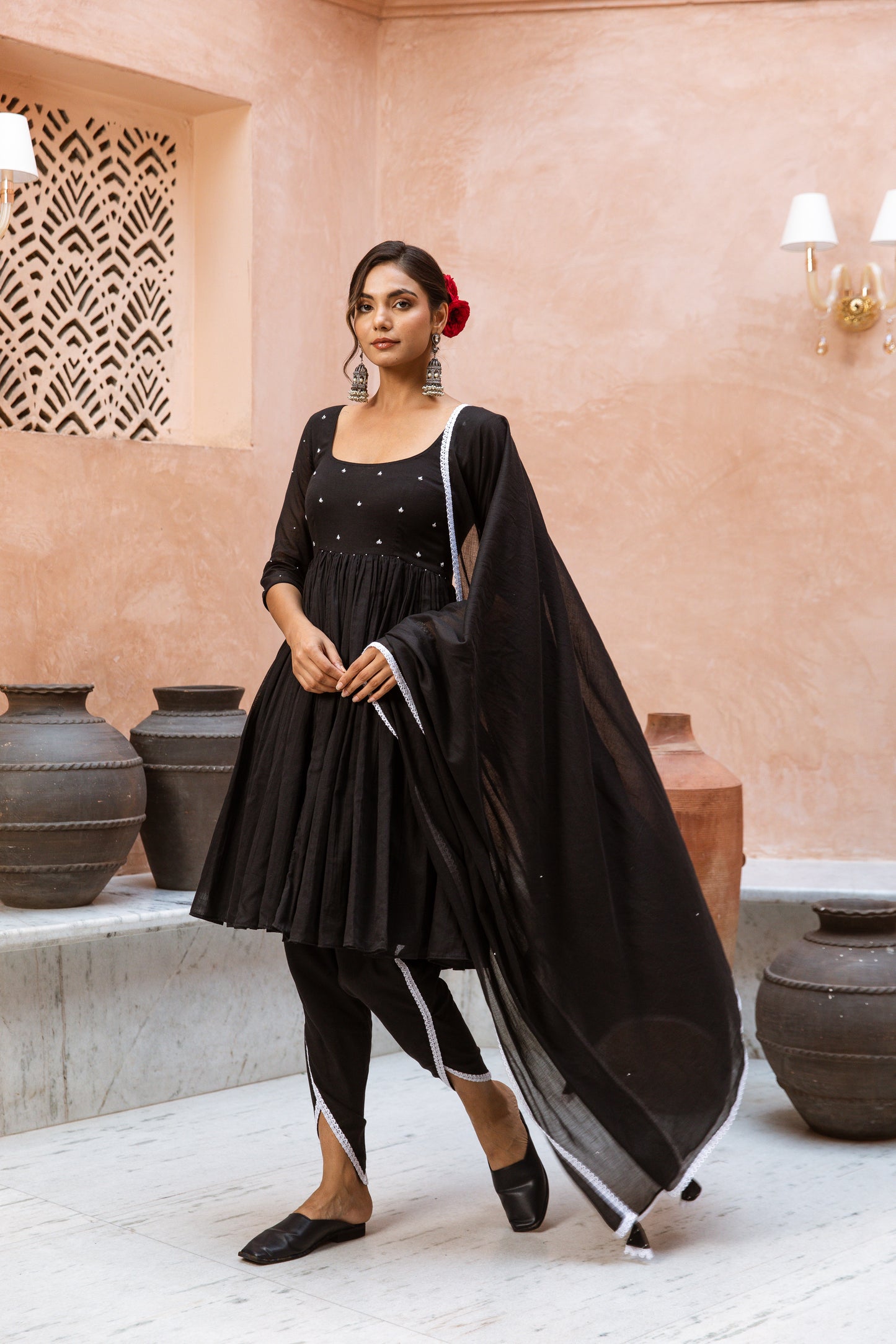 Scoop Neck Dhoti Sleeved Black