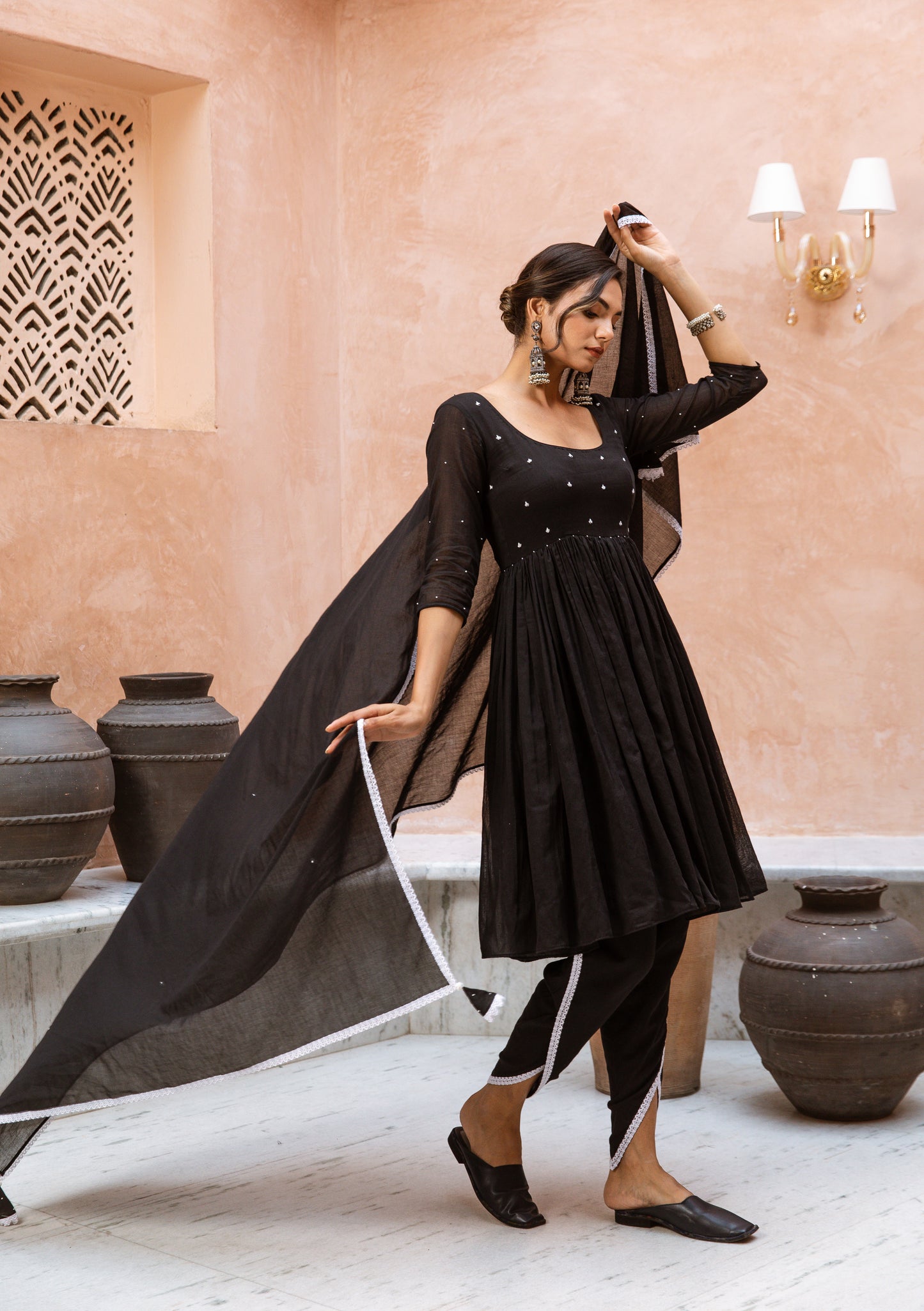 Scoop Neck Dhoti Sleeved Black