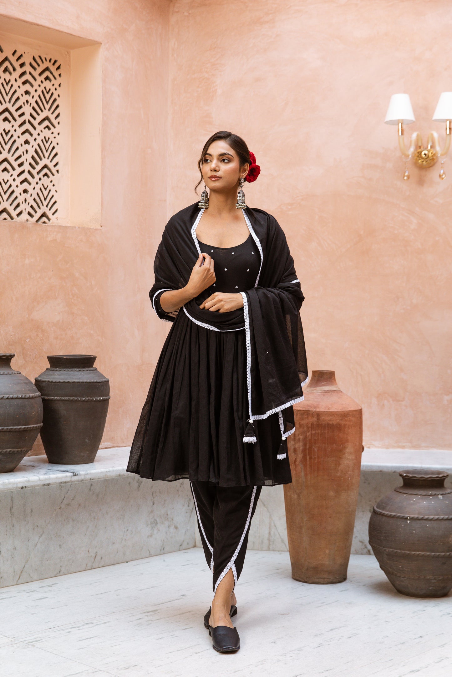 Scoop Neck Dhoti Sleeved Black