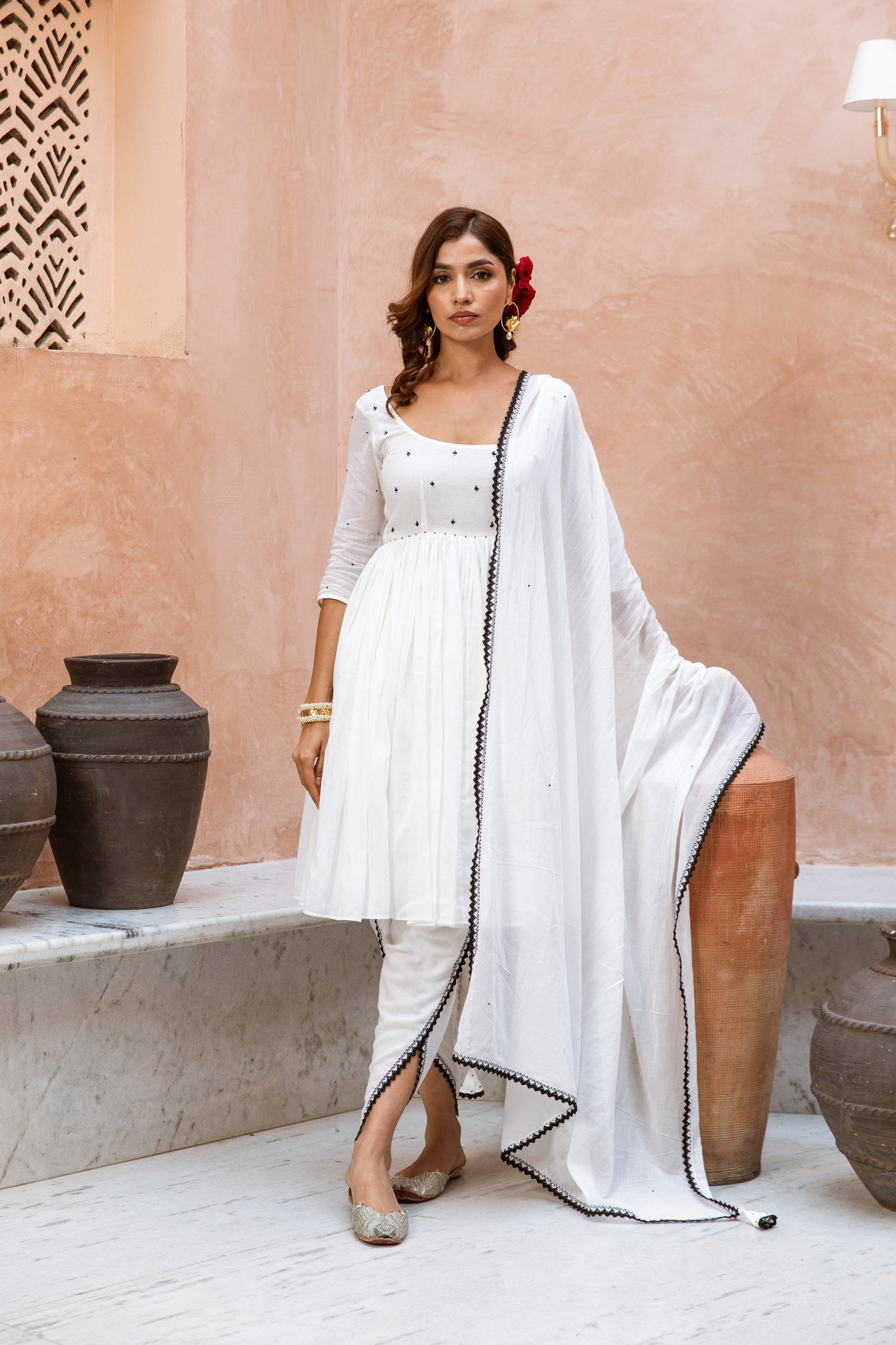 Scoop Neck Dhoti Sleeved White