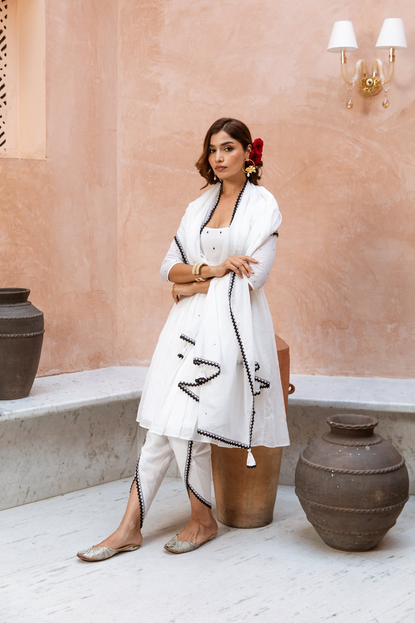 Scoop Neck Dhoti Sleeved White