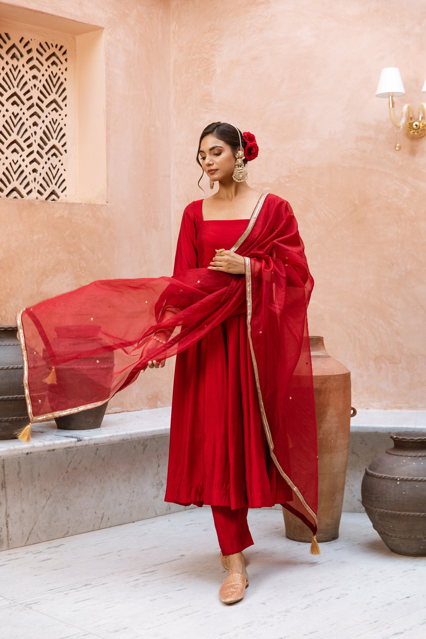 Anarkali Sleeved Red