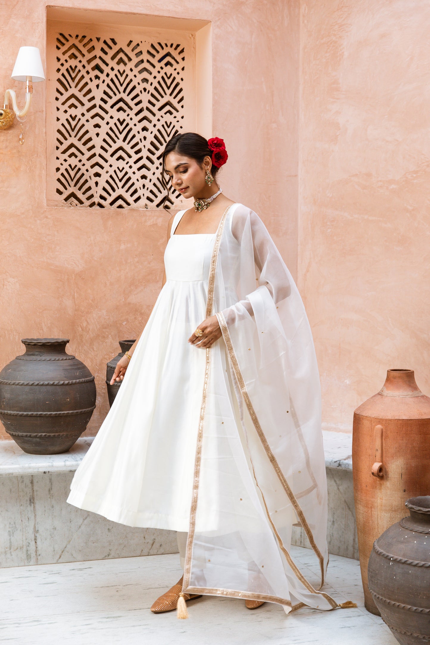 Anarkali Sleeveless White
