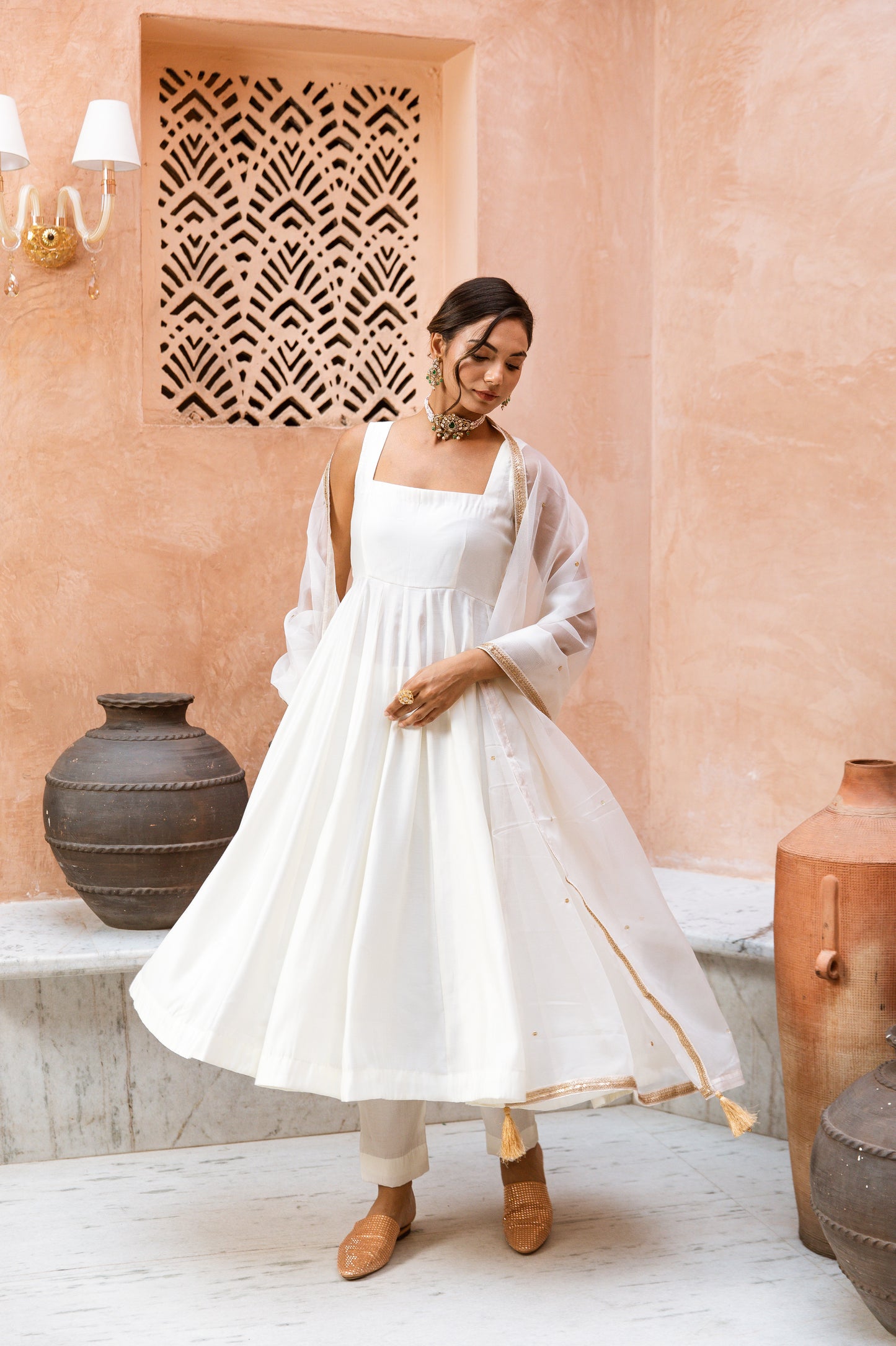 Anarkali Sleeveless White