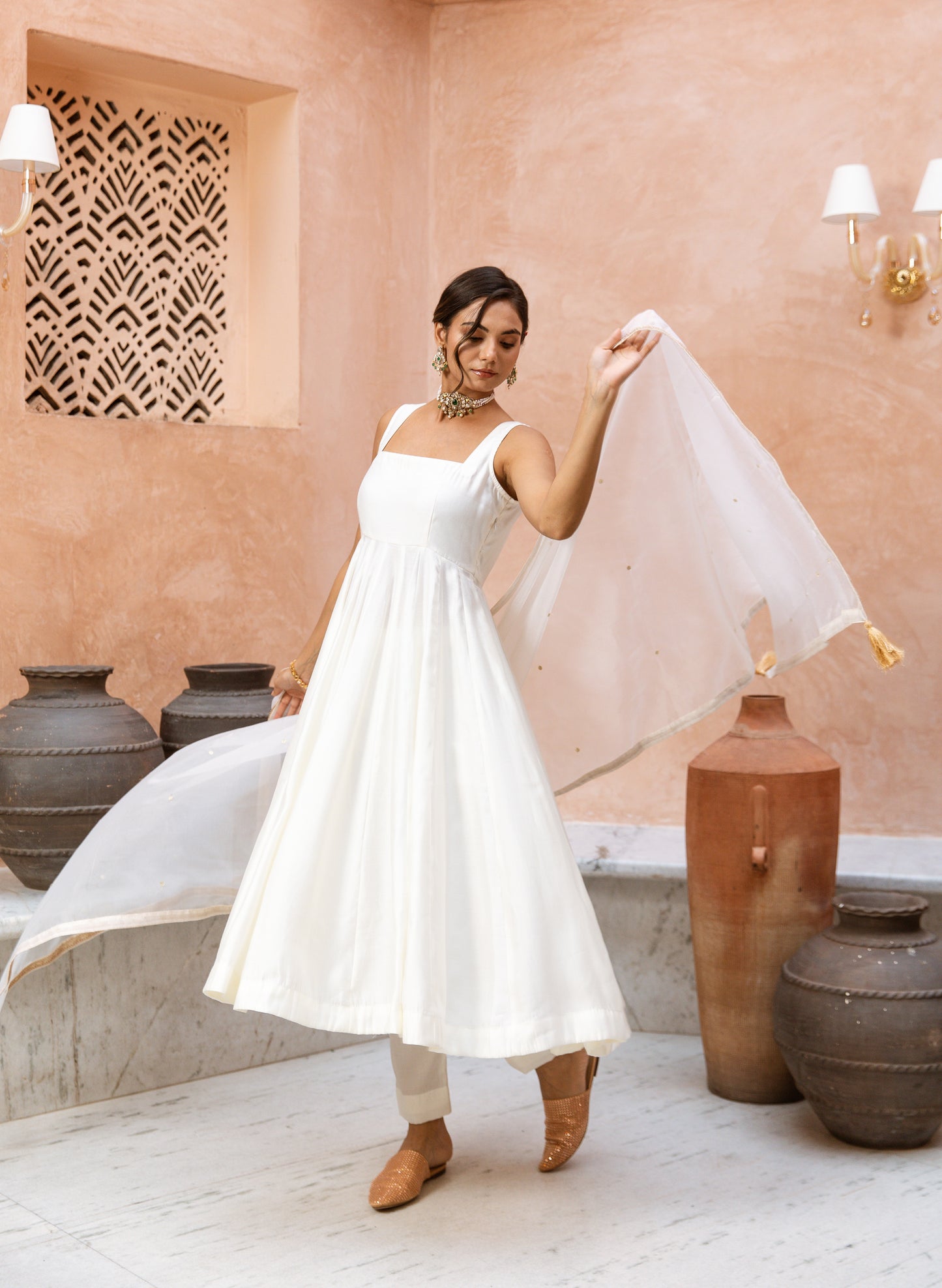 Anarkali Sleeveless White