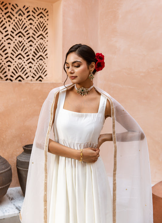 Anarkali Sleeveless White