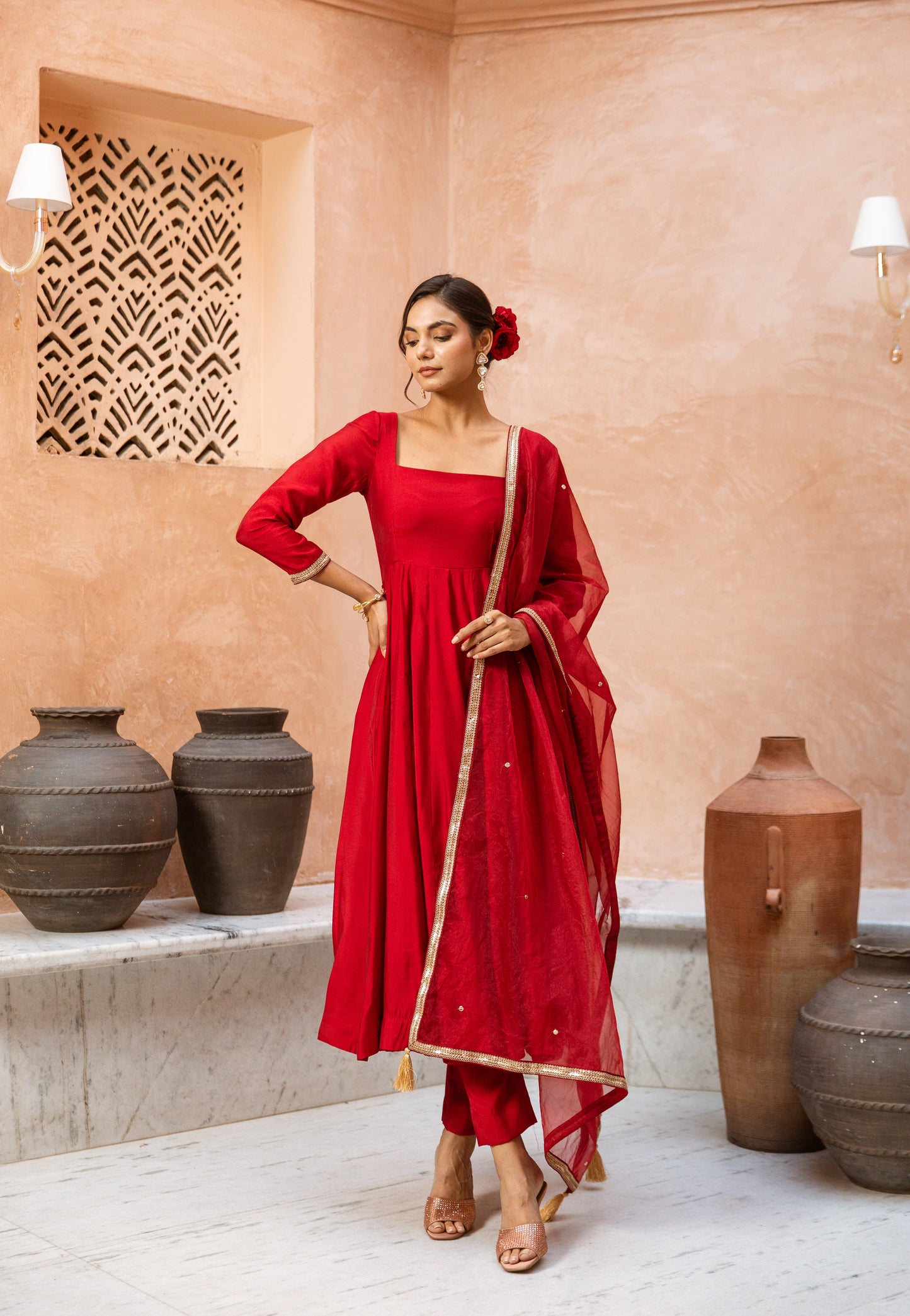 Anarkali Sleeved Red