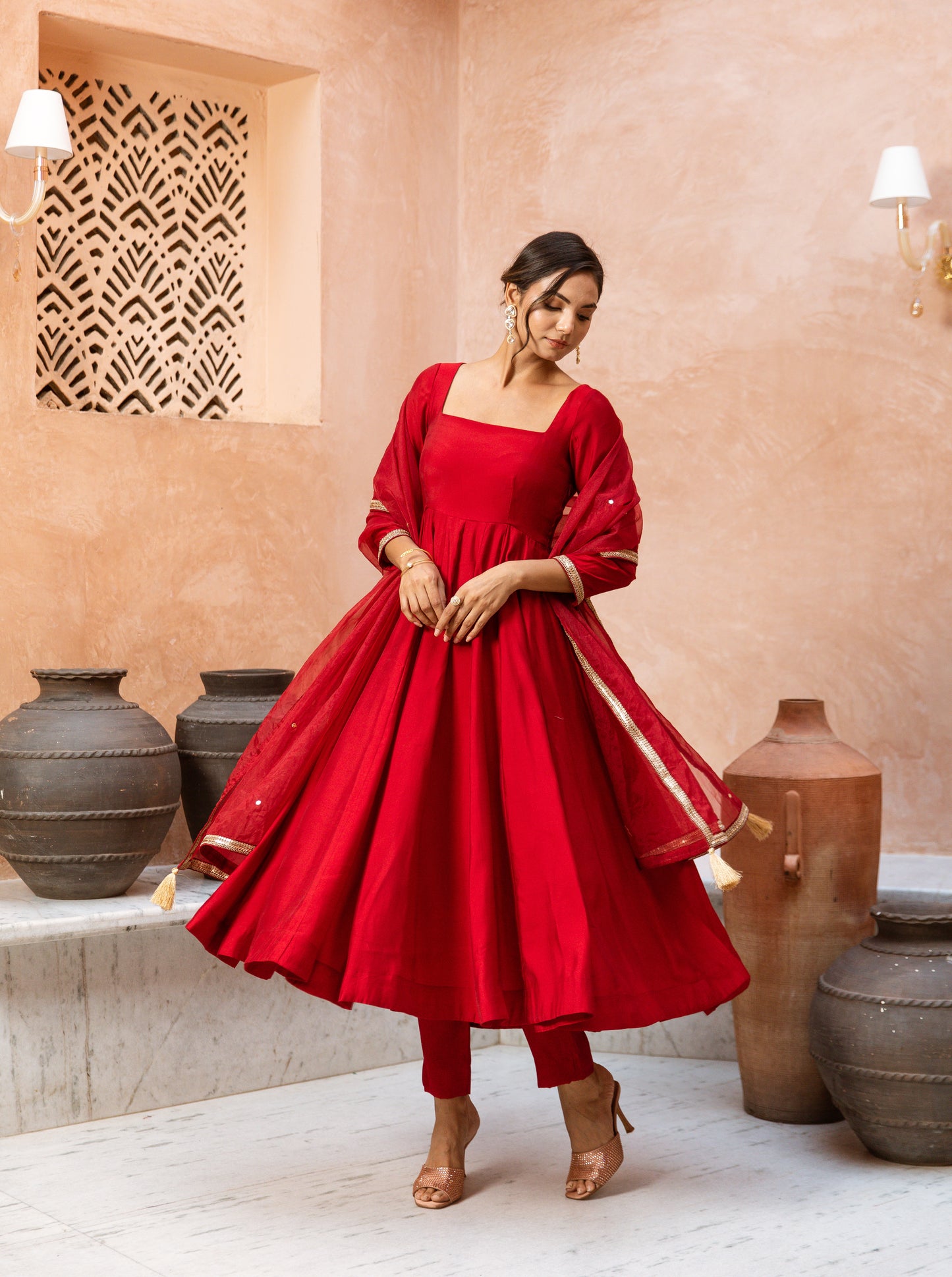 Anarkali Sleeved Red