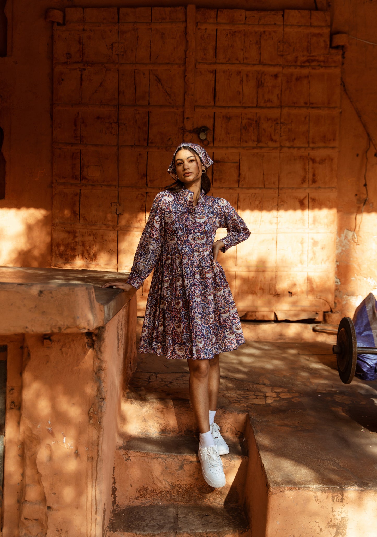 Blue Printed Collar Neck Dress