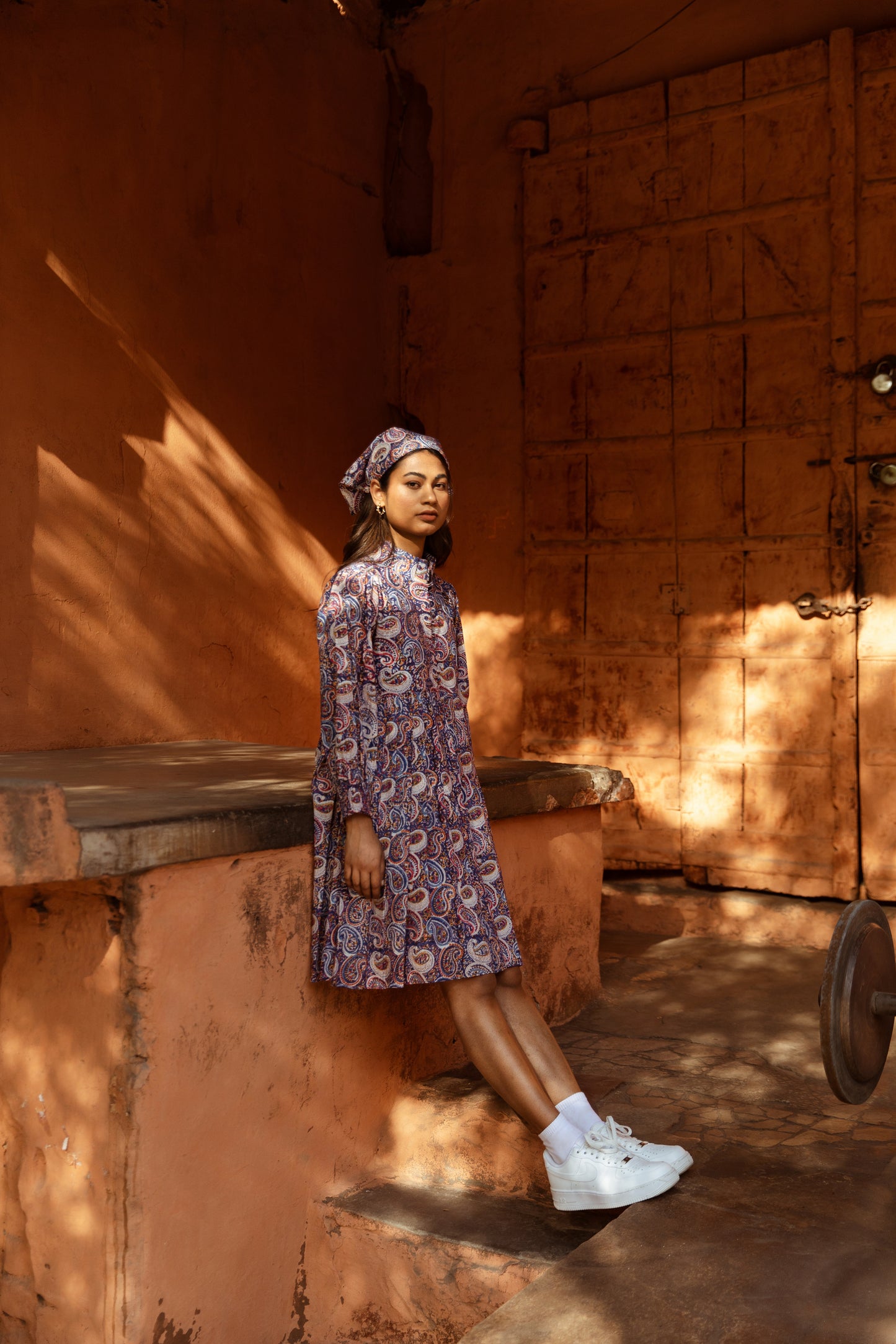 Blue Printed Collar Neck Dress
