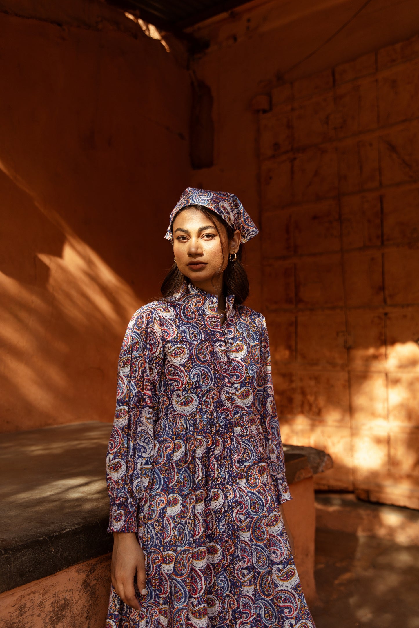 Blue Printed Collar Neck Dress