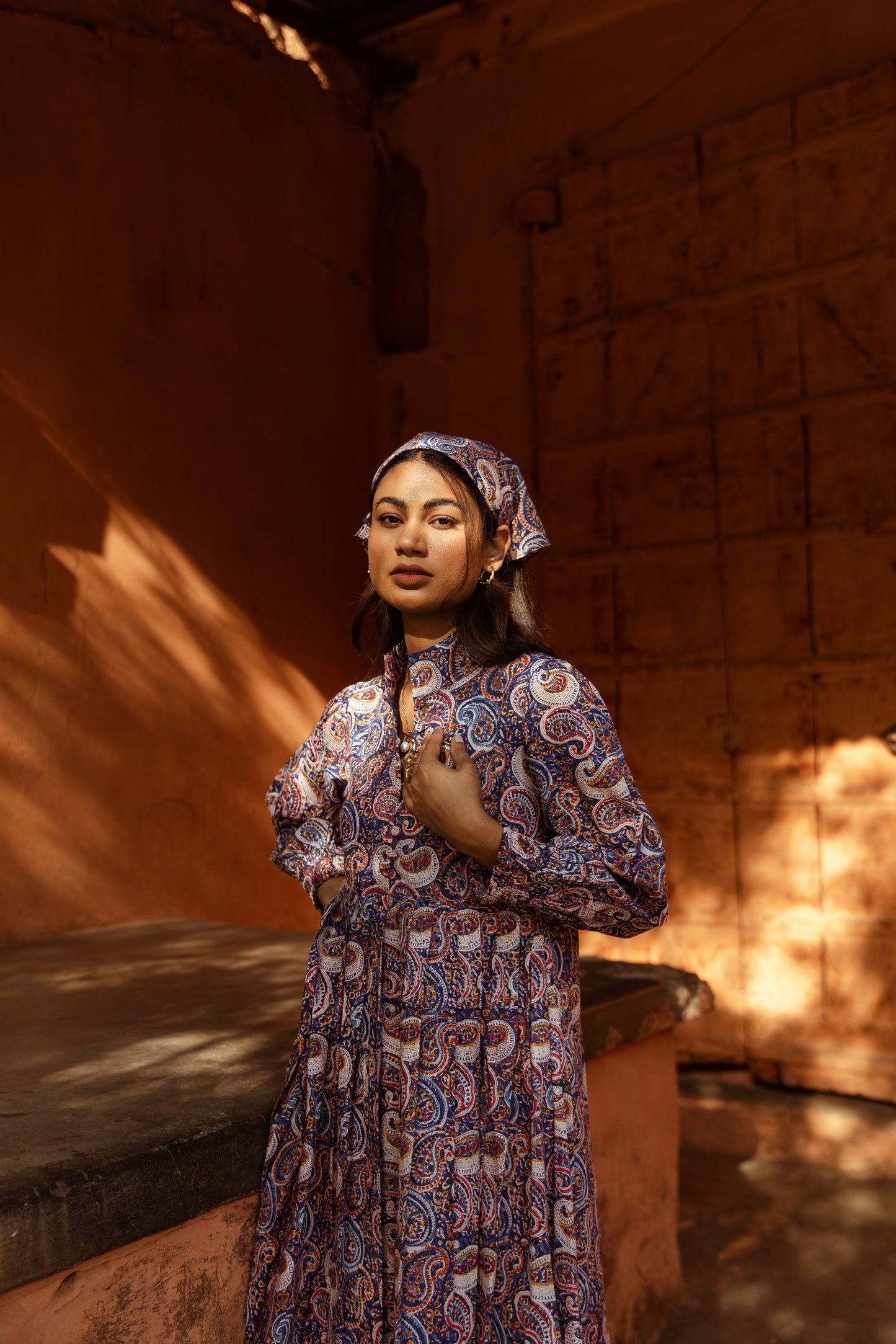 Blue Printed Collar Neck Dress