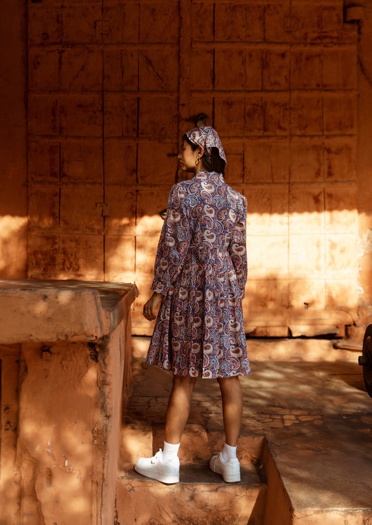 Blue Printed Collar Neck Dress