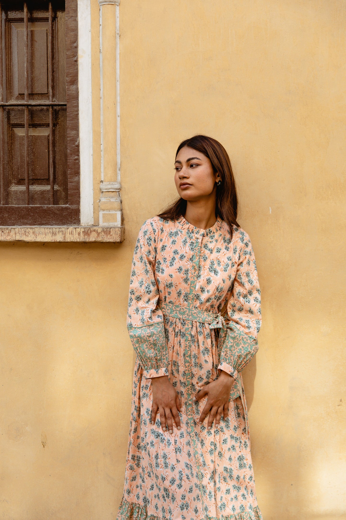 Peach Gathered Dress with Belt