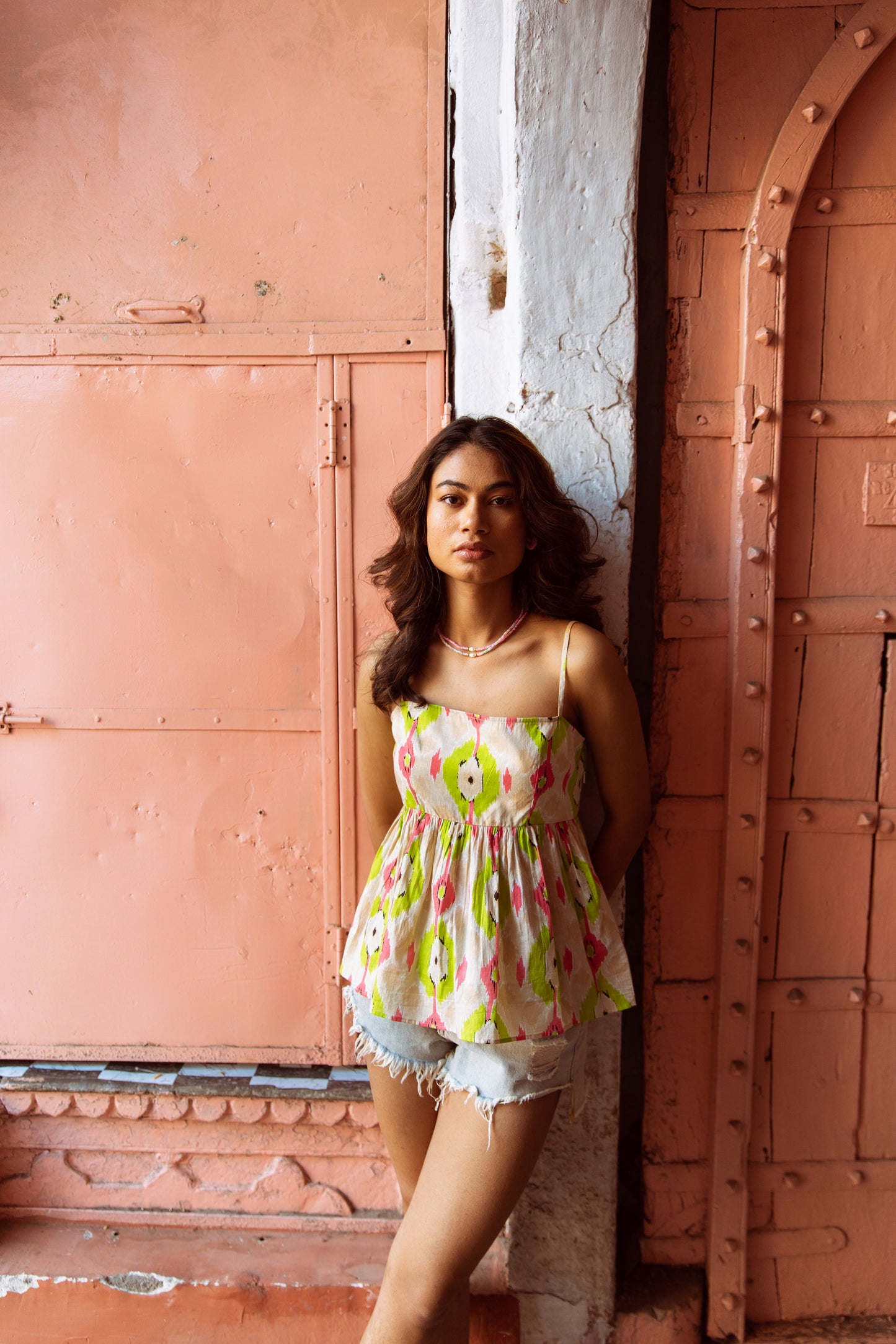 Cream Printed Thin Strap Top