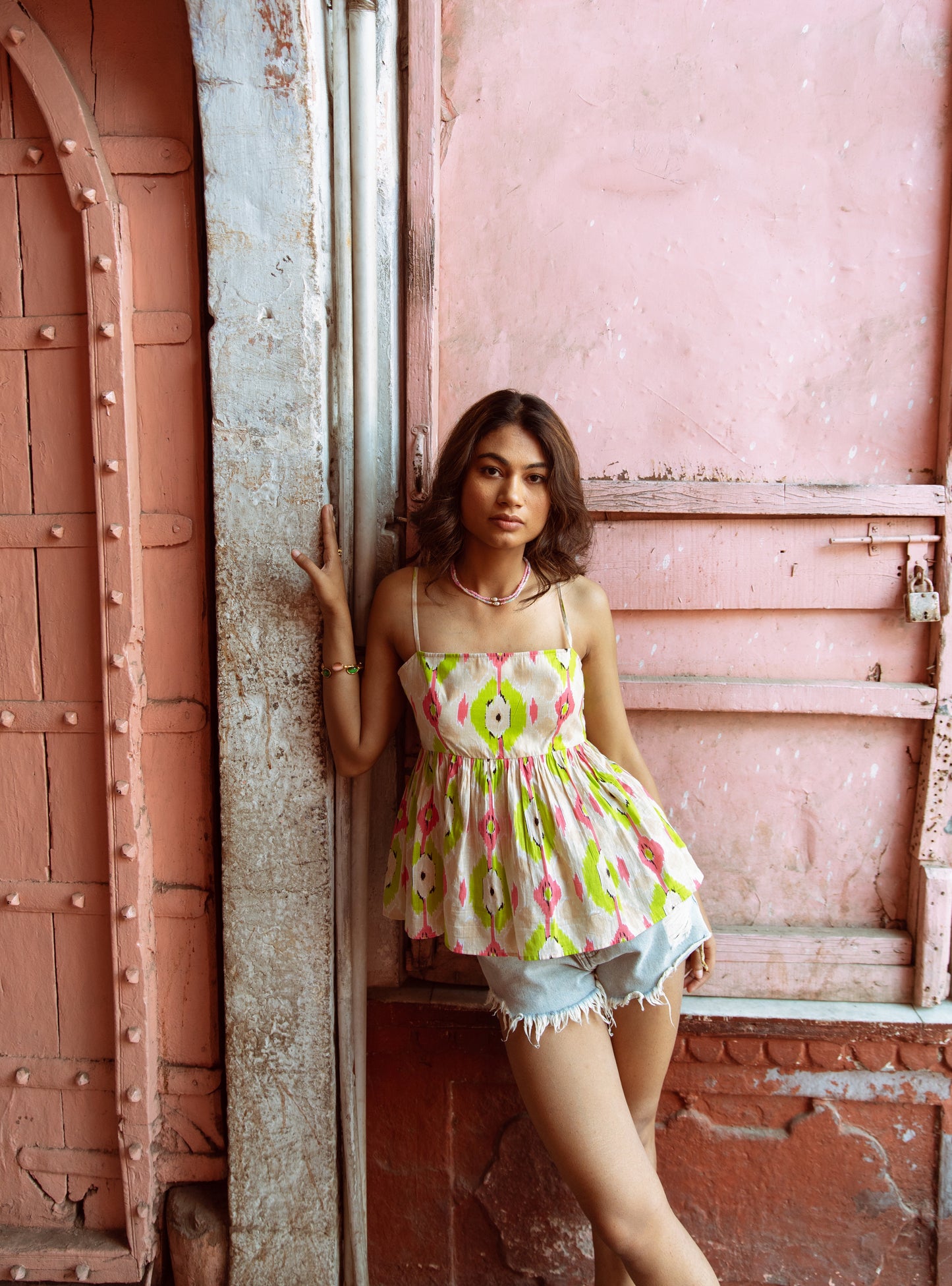 Cream Printed Thin Strap Top