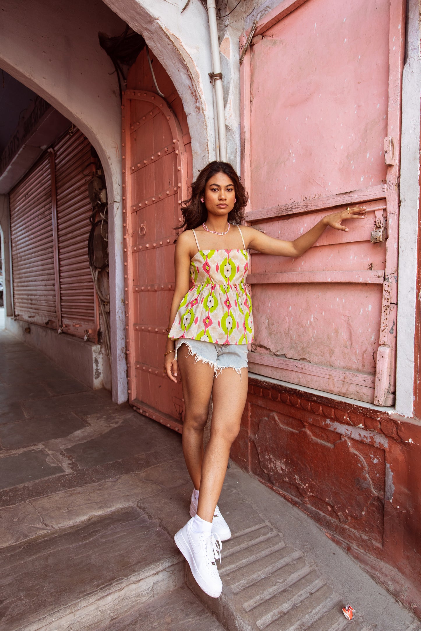 Cream Printed Thin Strap Top