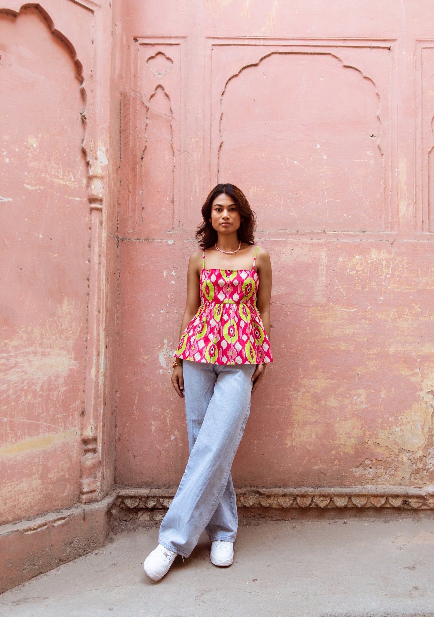 Pink Printed Thin Strap Top