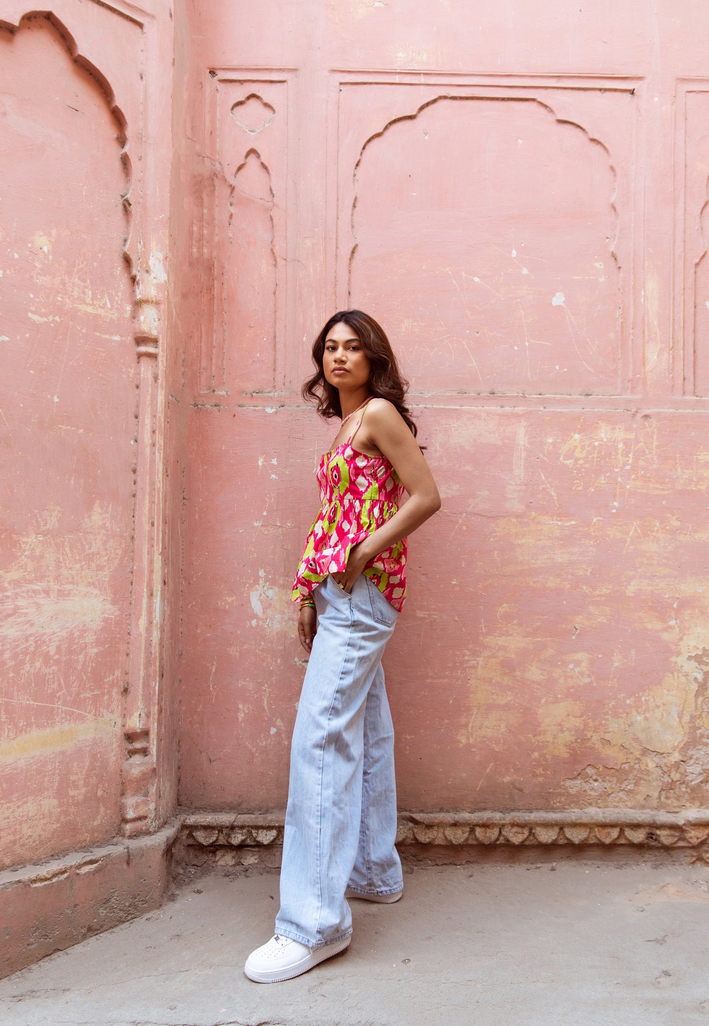 Pink Printed Thin Strap Top