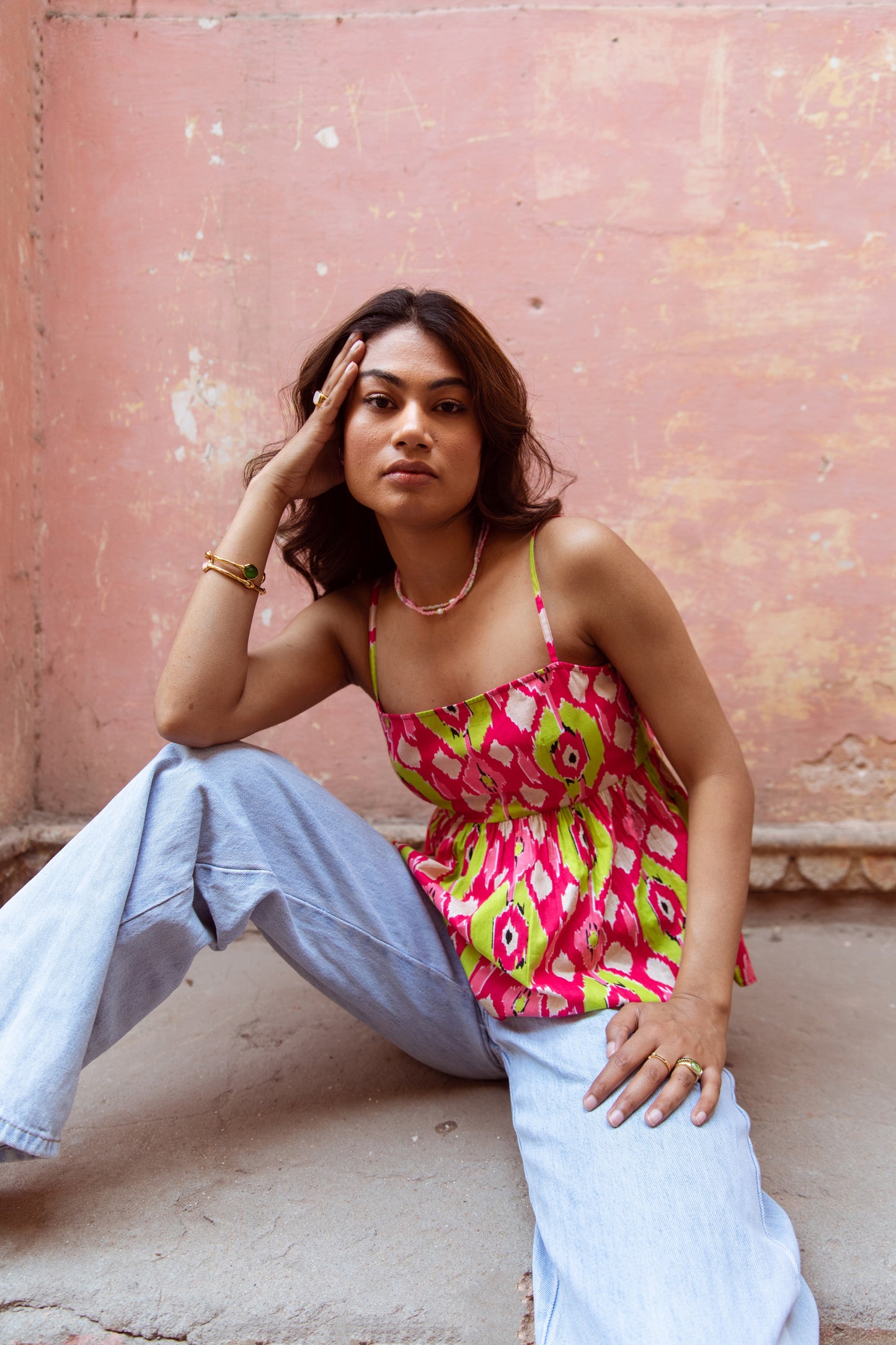 Pink Printed Thin Strap Top