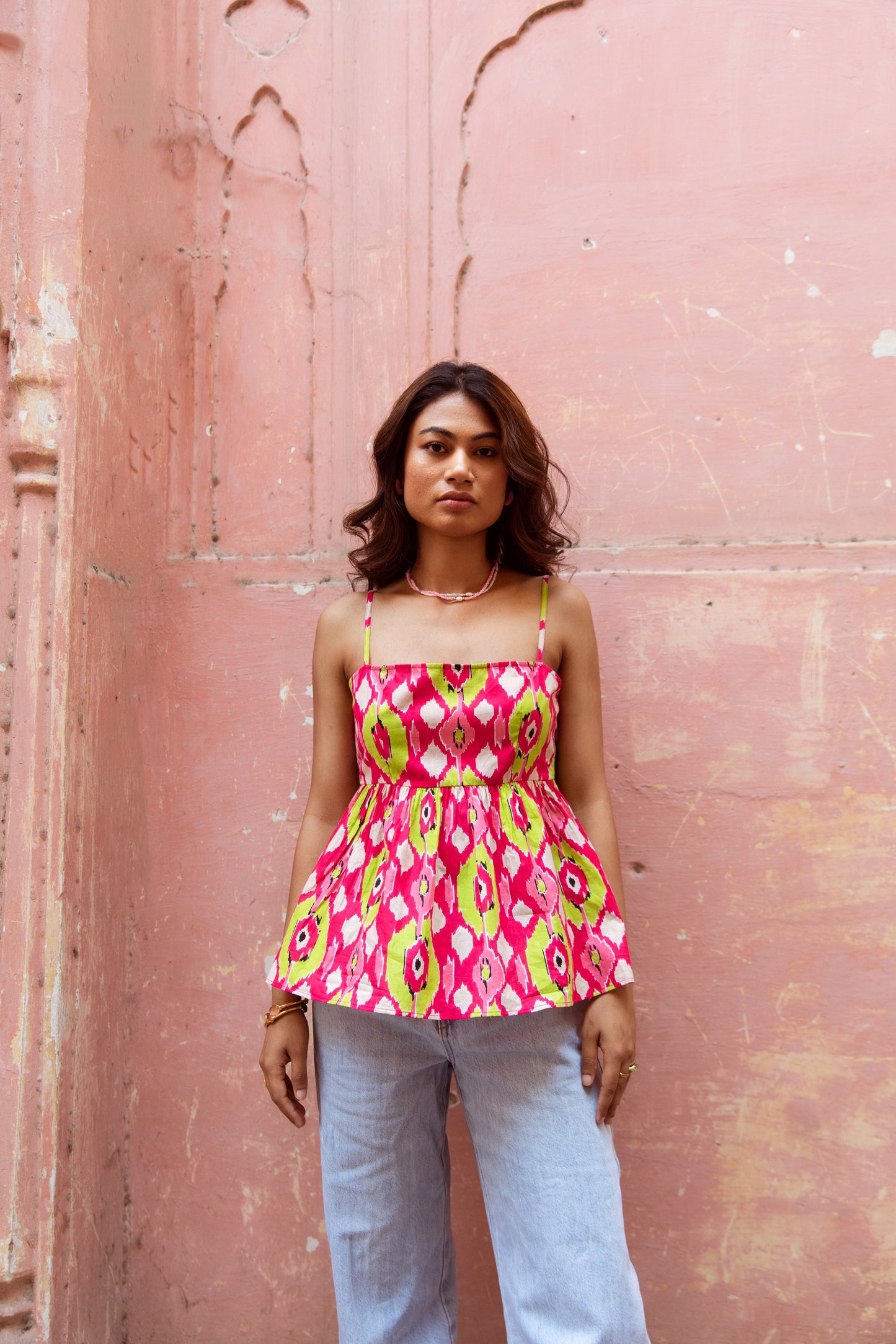 Pink Printed Thin Strap Top