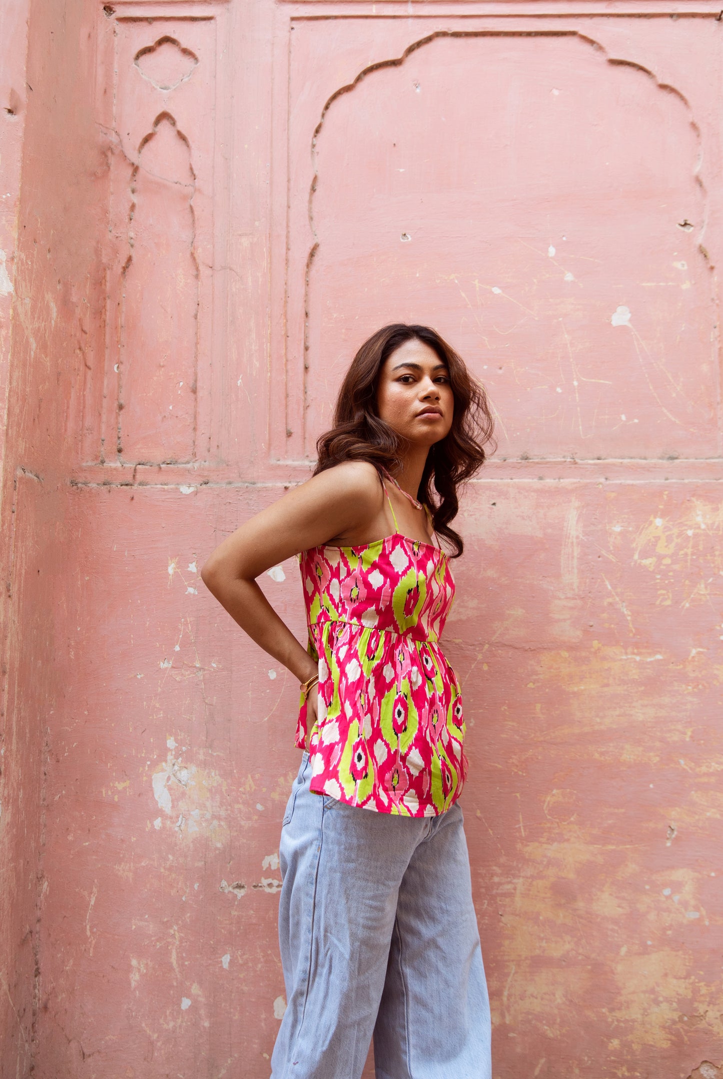 Pink Printed Thin Strap Top