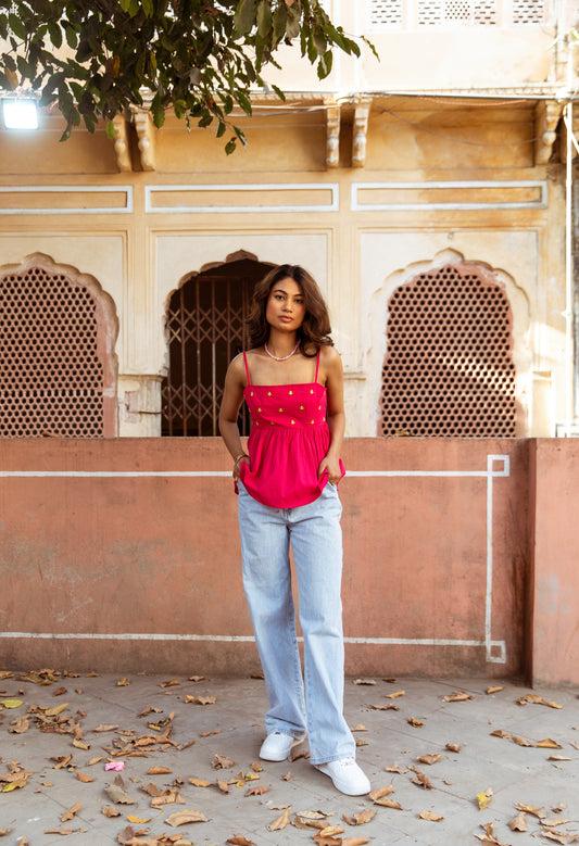 Pink Solid Thin Strap Top