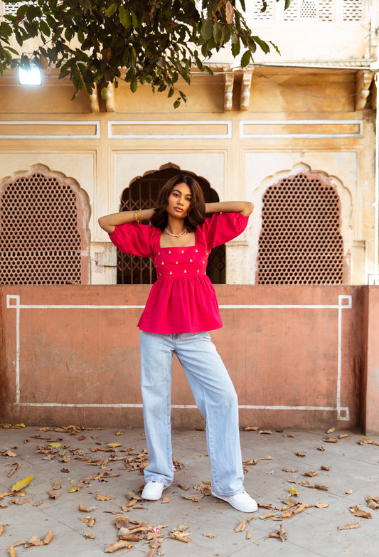 Pink Solid Sleeved Top
