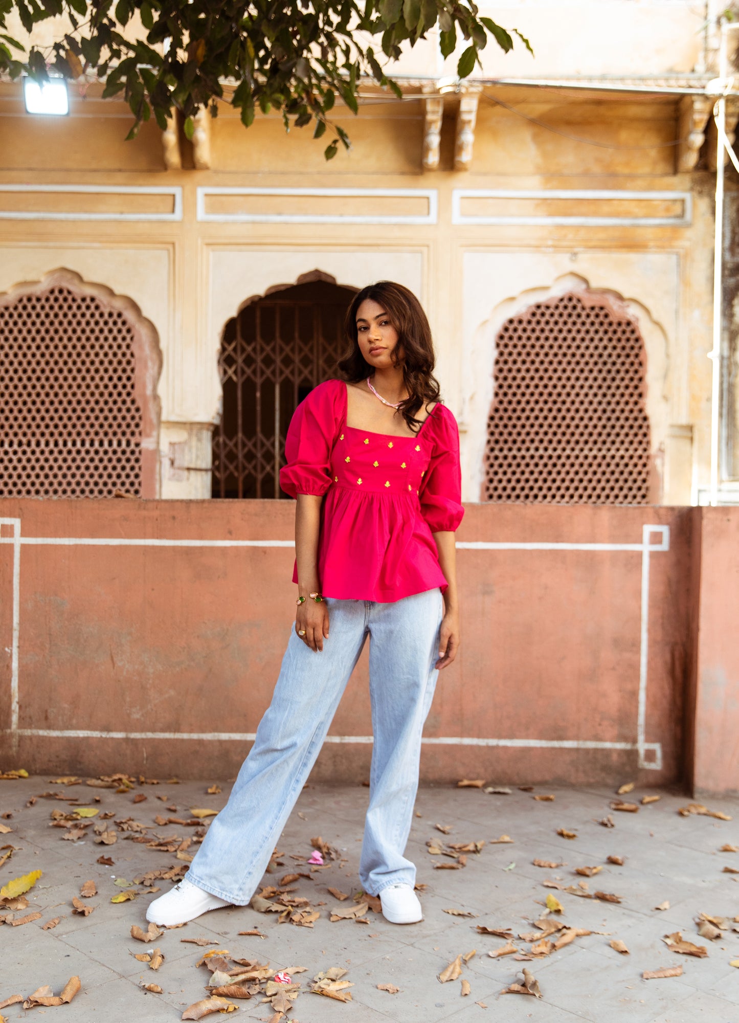 Pink Solid Sleeved Top
