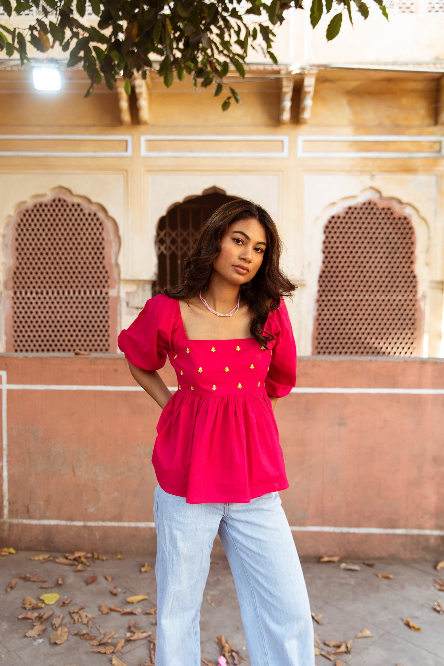 Pink Solid Sleeved Top