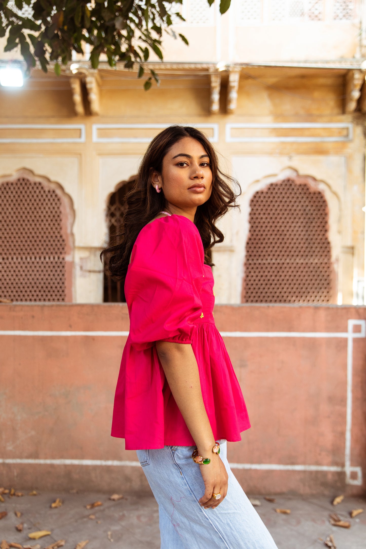 Pink Solid Sleeved Top