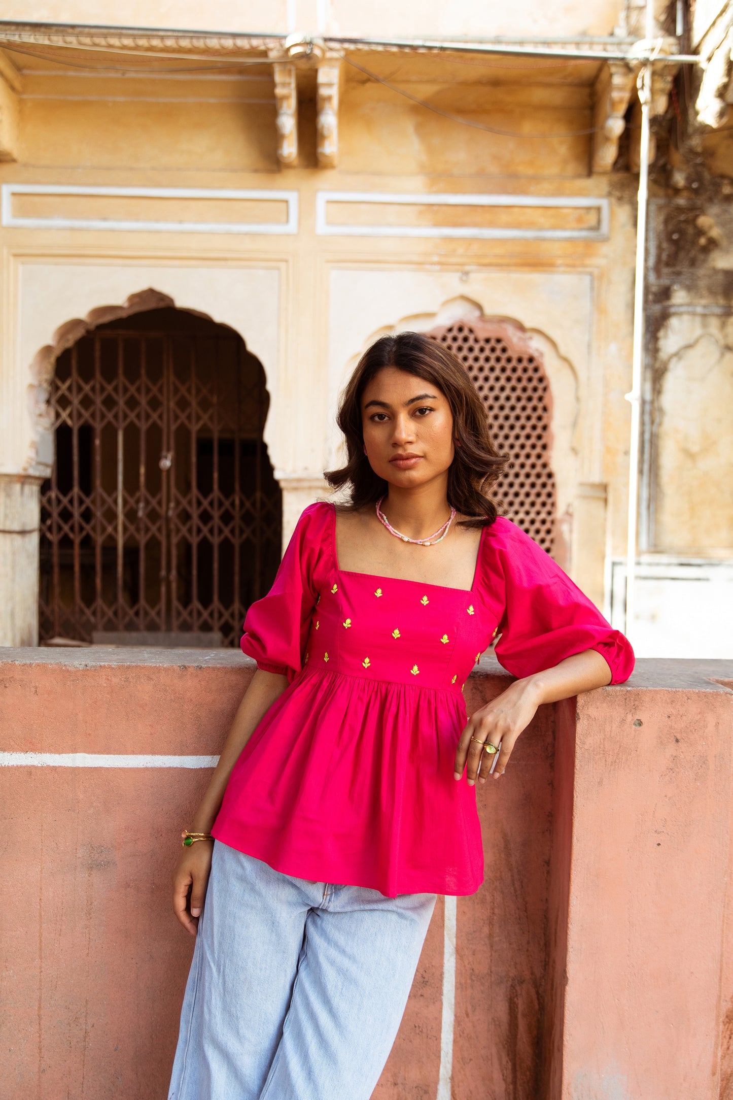 Pink Solid Sleeved Top