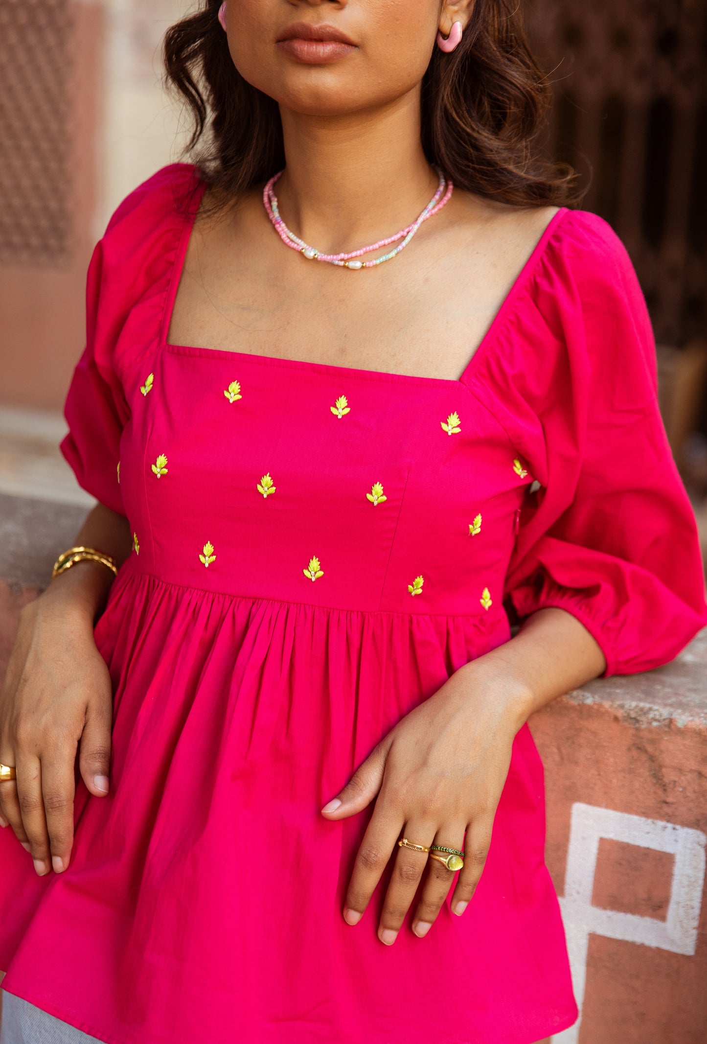 Pink Solid Sleeved Top