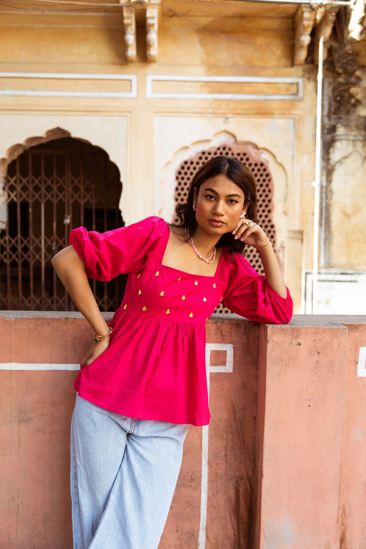 Pink Solid Sleeved Top